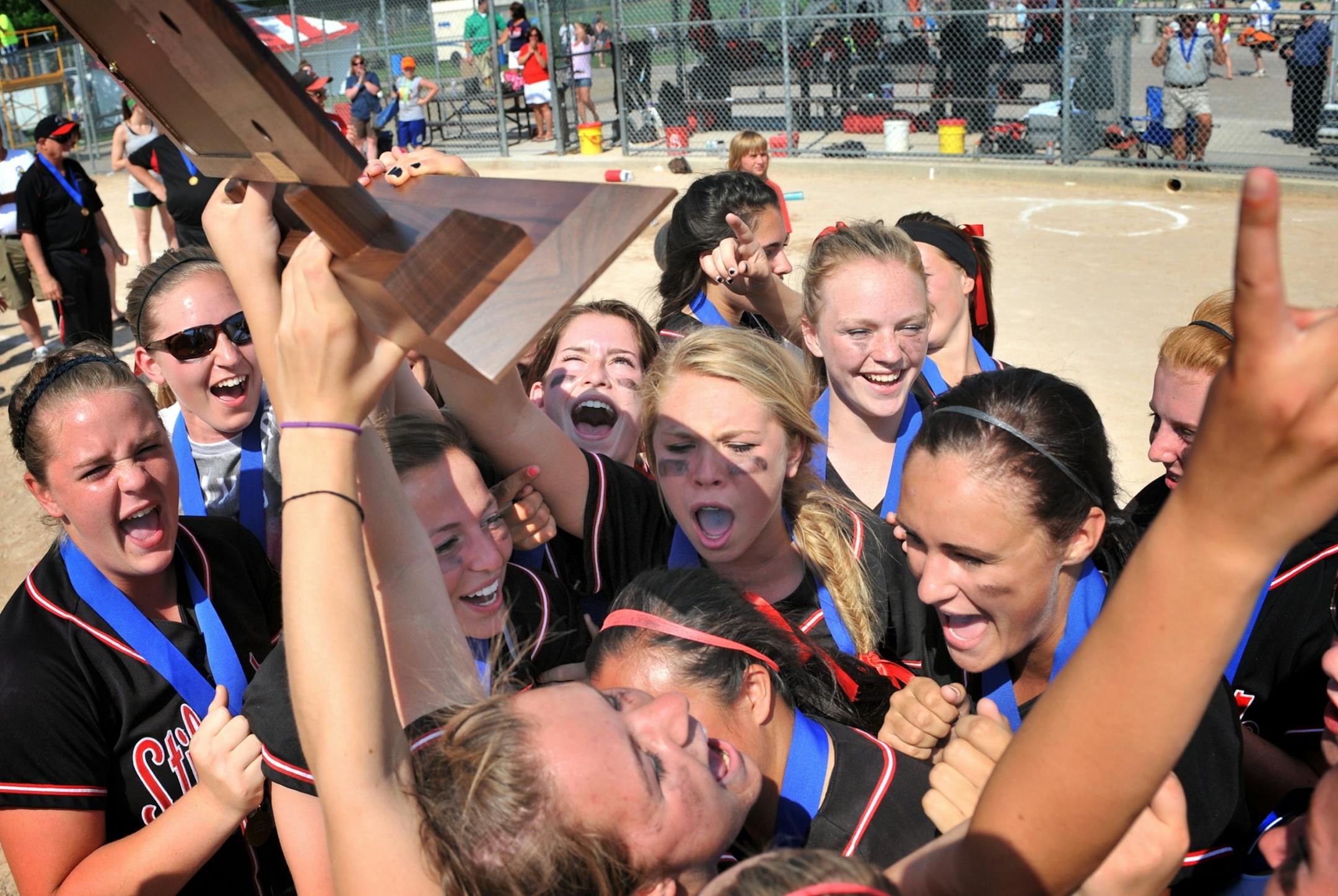 The Stillwater team celebrated their 3A victory over Maple Grove. Stillwater beat Maple Grove for the 3A title 6-2, Friday, June 8, 2012