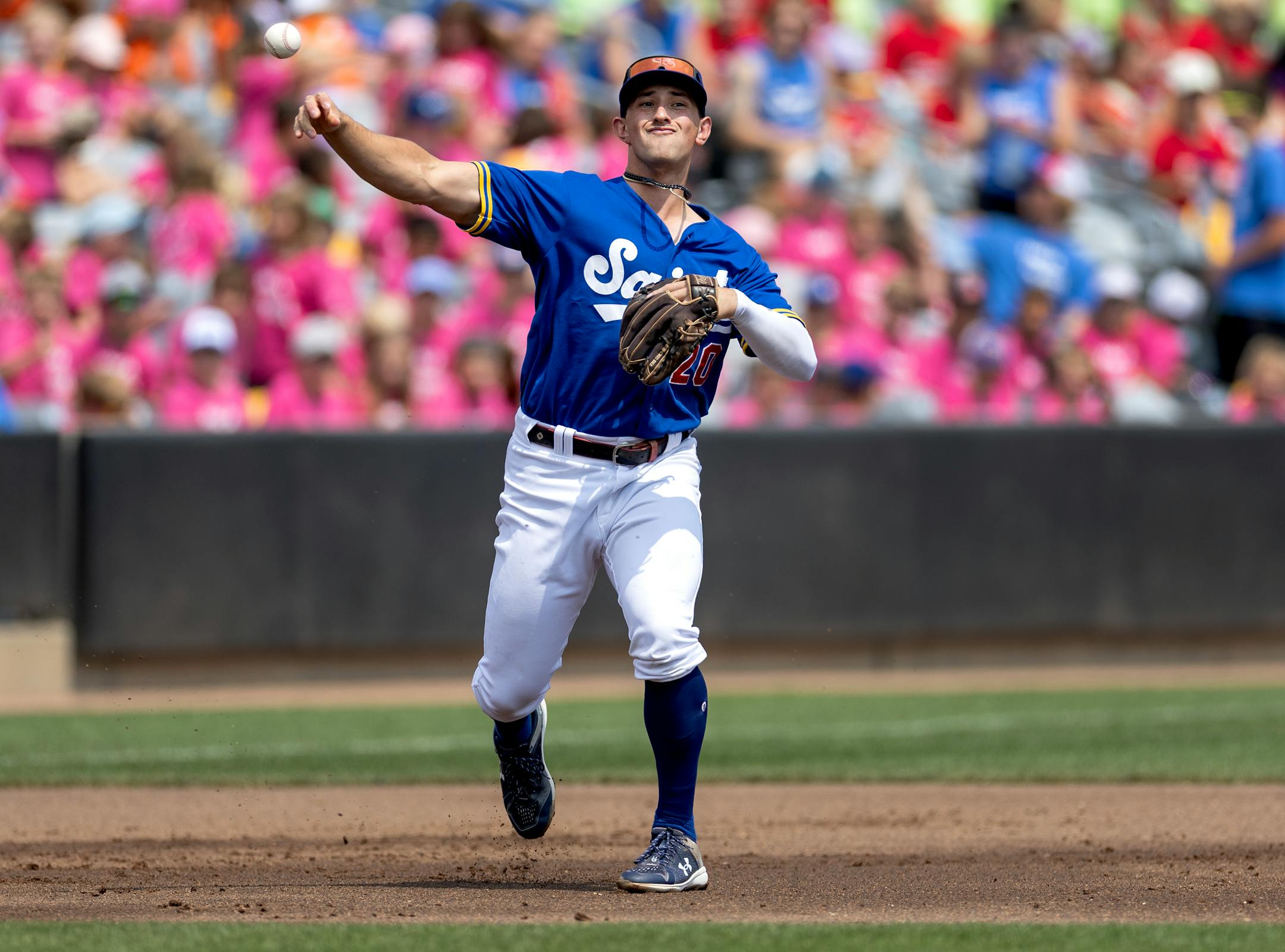 St. Paul Saints infielder Brooks Lee throws out a runner Wednesday, August 9, 2023, at CHS Field in St. Paul, Minn.