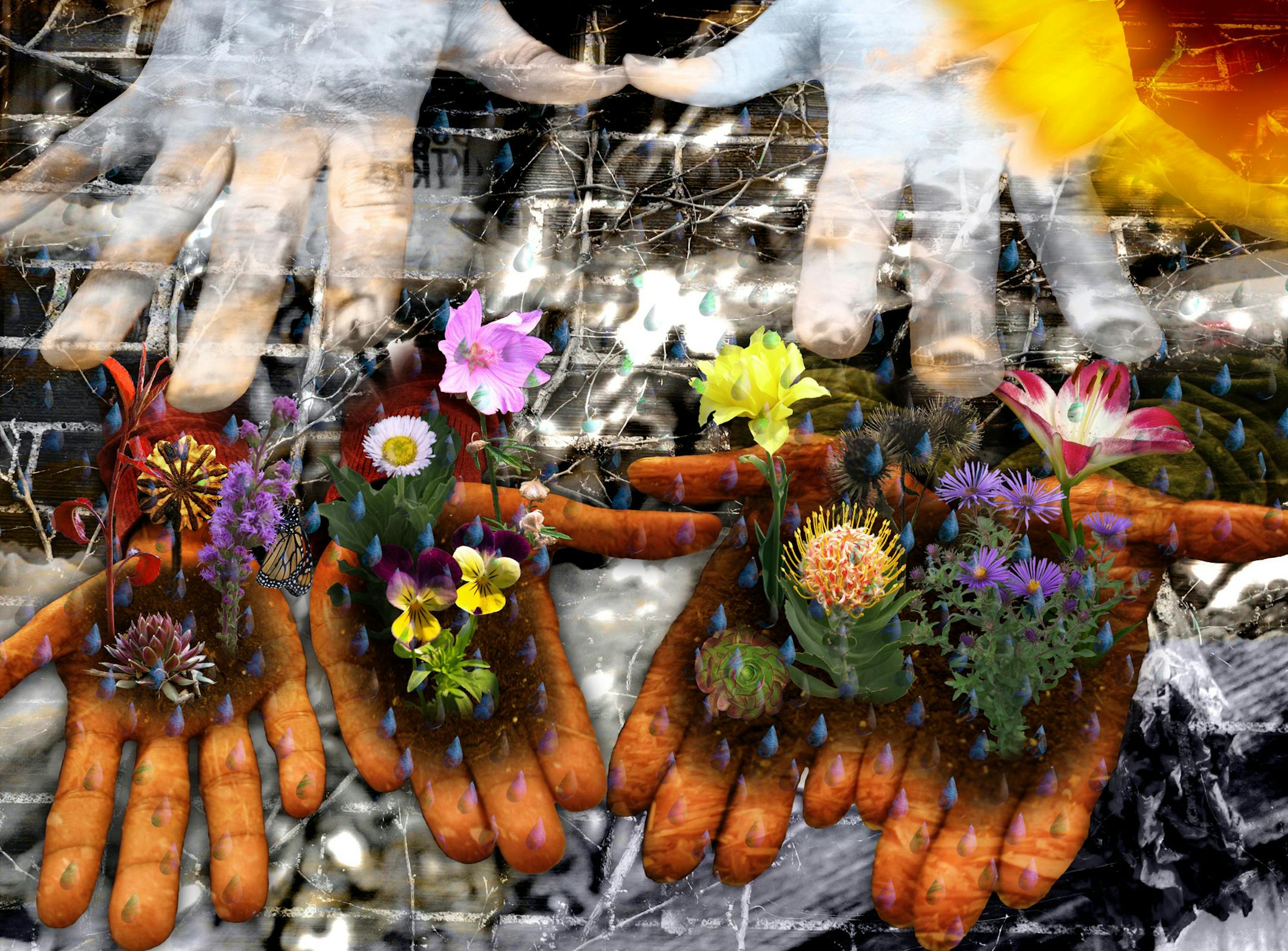 Mina Blyly Strauss Mina Blyly Strauss'l 2013 photographic montage of hands holding flowers.
