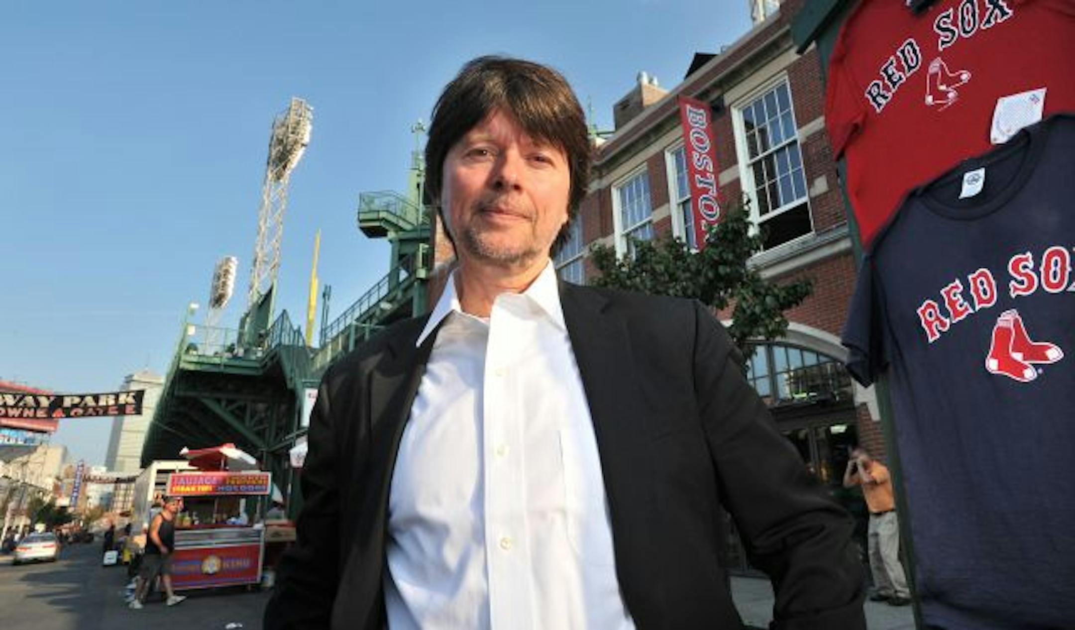 Ken Burns stands outside Fenway Park in Boston.