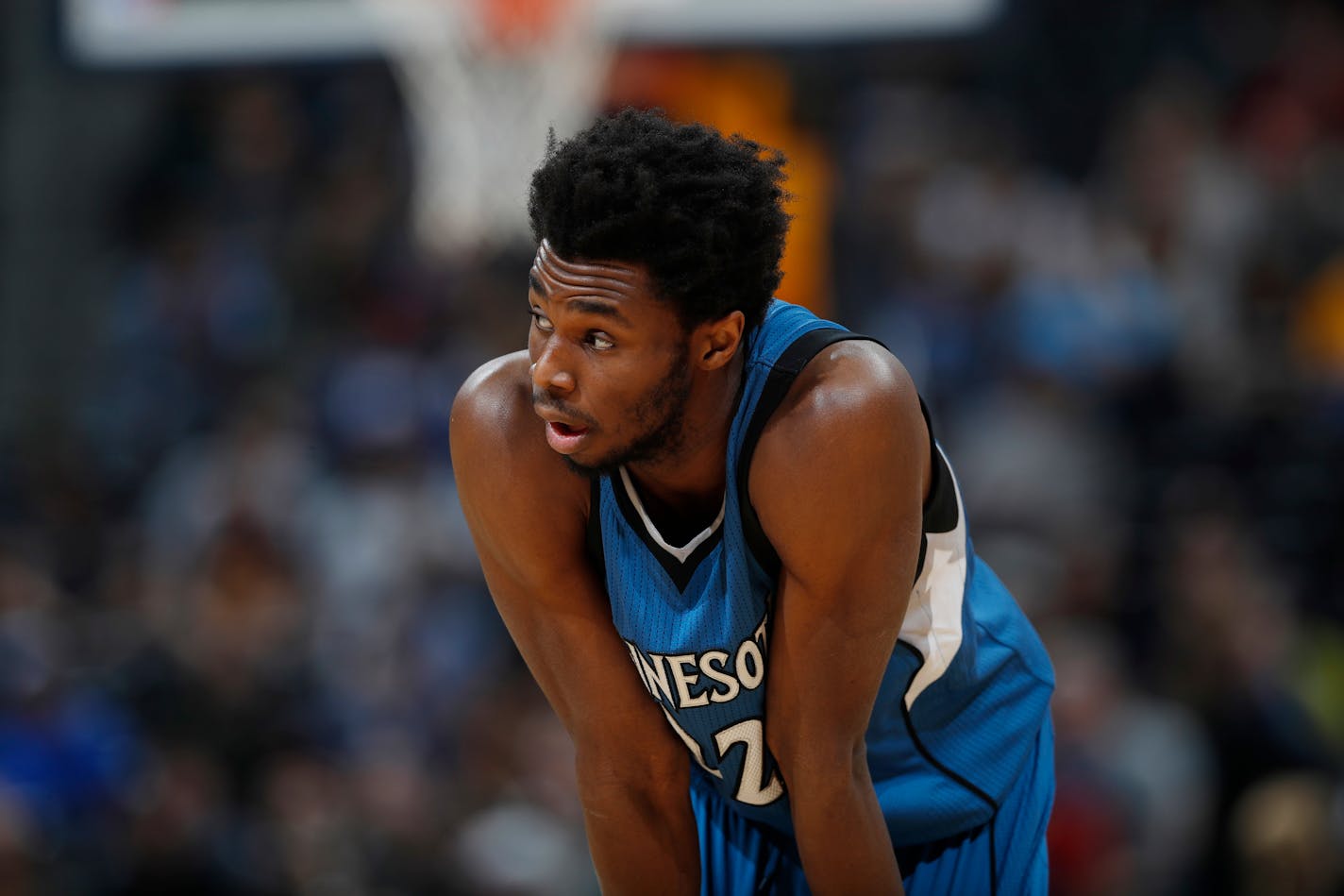 Minnesota Timberwolves forward Andrew Wiggins (22) in the first half of an NBA basketball game Wednesday, Feb. 15, 2017, in Denver. (AP Photo/David Zalubowski)