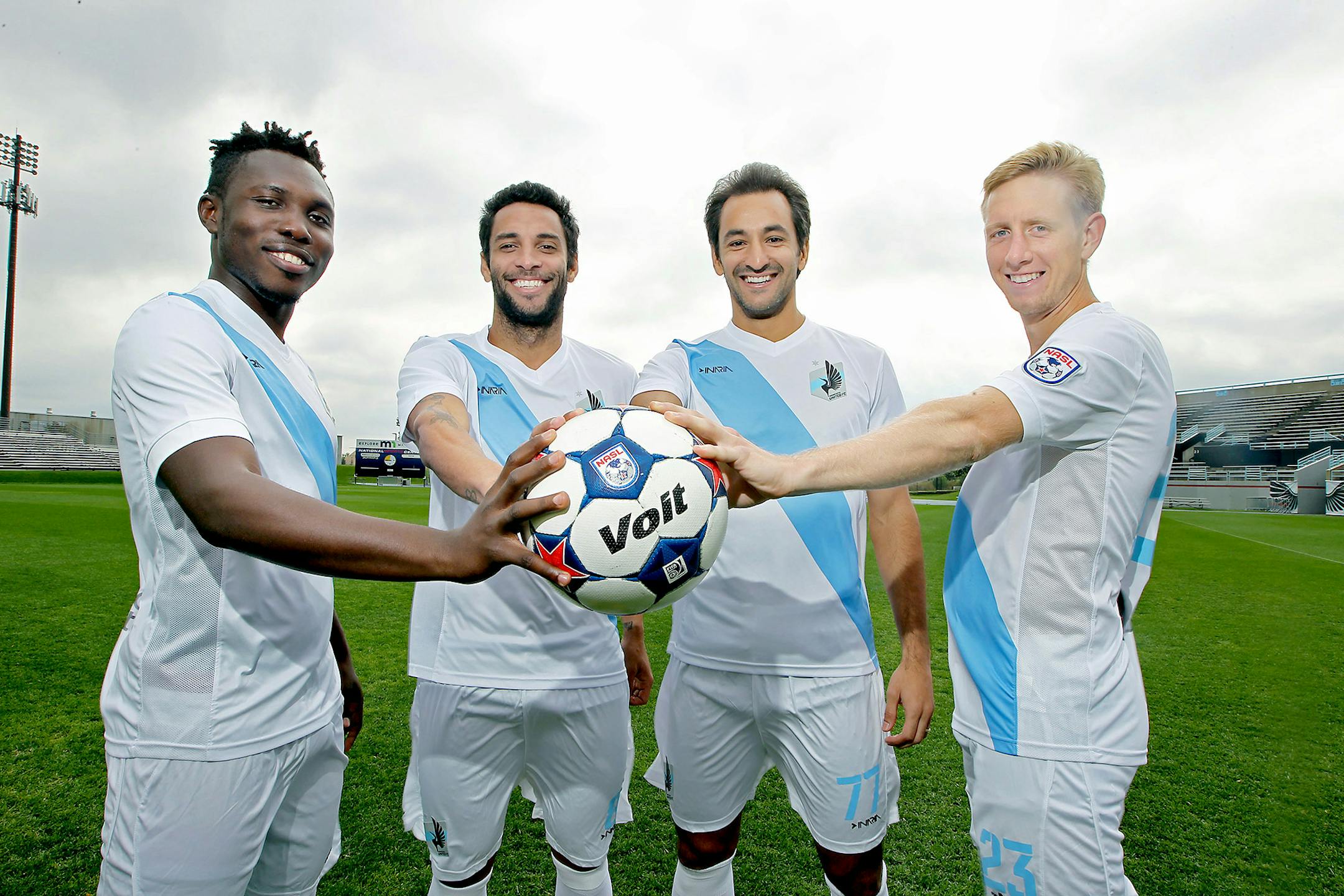 Minnesota United midfielders from left, Kalif Alhassan, Ibson, Juliano Vicentini and Greg Jordan.