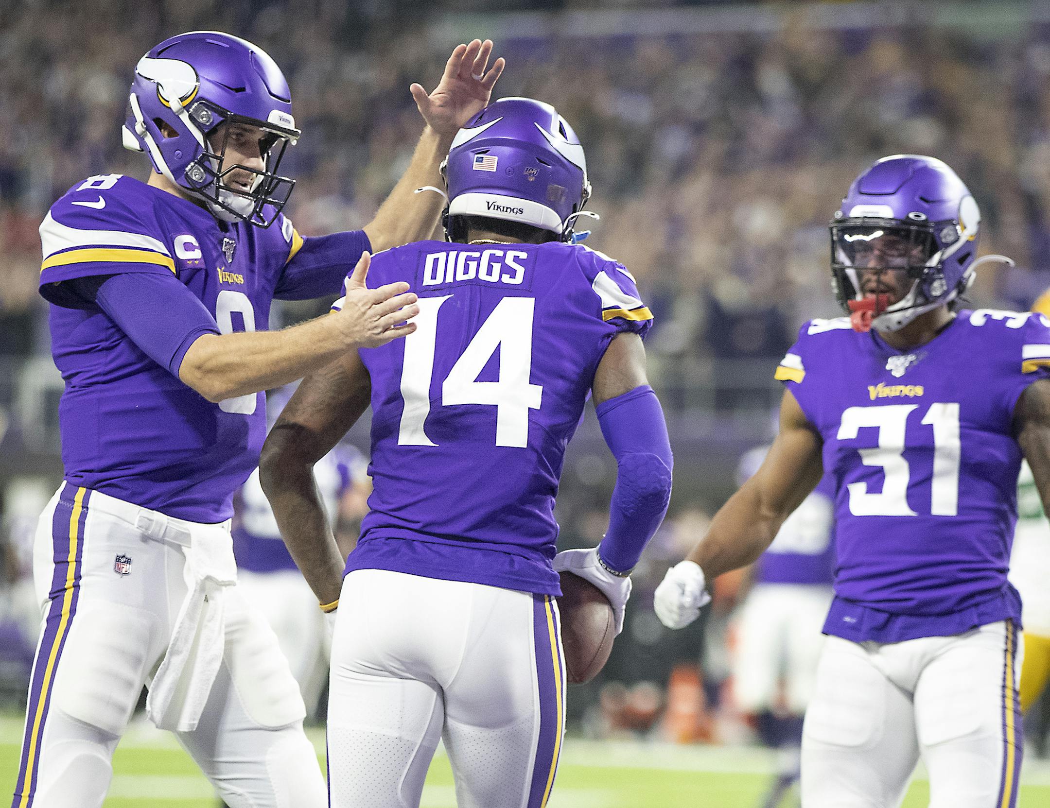 MiMinnesota Vikings quarterback Kirk Cousins congratulated Minnesota Vikings wide receiver Stefon Diggs after his touchdown reception in the second quarter. ] ELIZABETH FLORES &#x2022; liz.flores@startribune.com The Minnesota Vikings take on the Green Bay Packers at U.S. Bank Stadium, Sunday, December 23, 2019 in Minneapolis, MN.