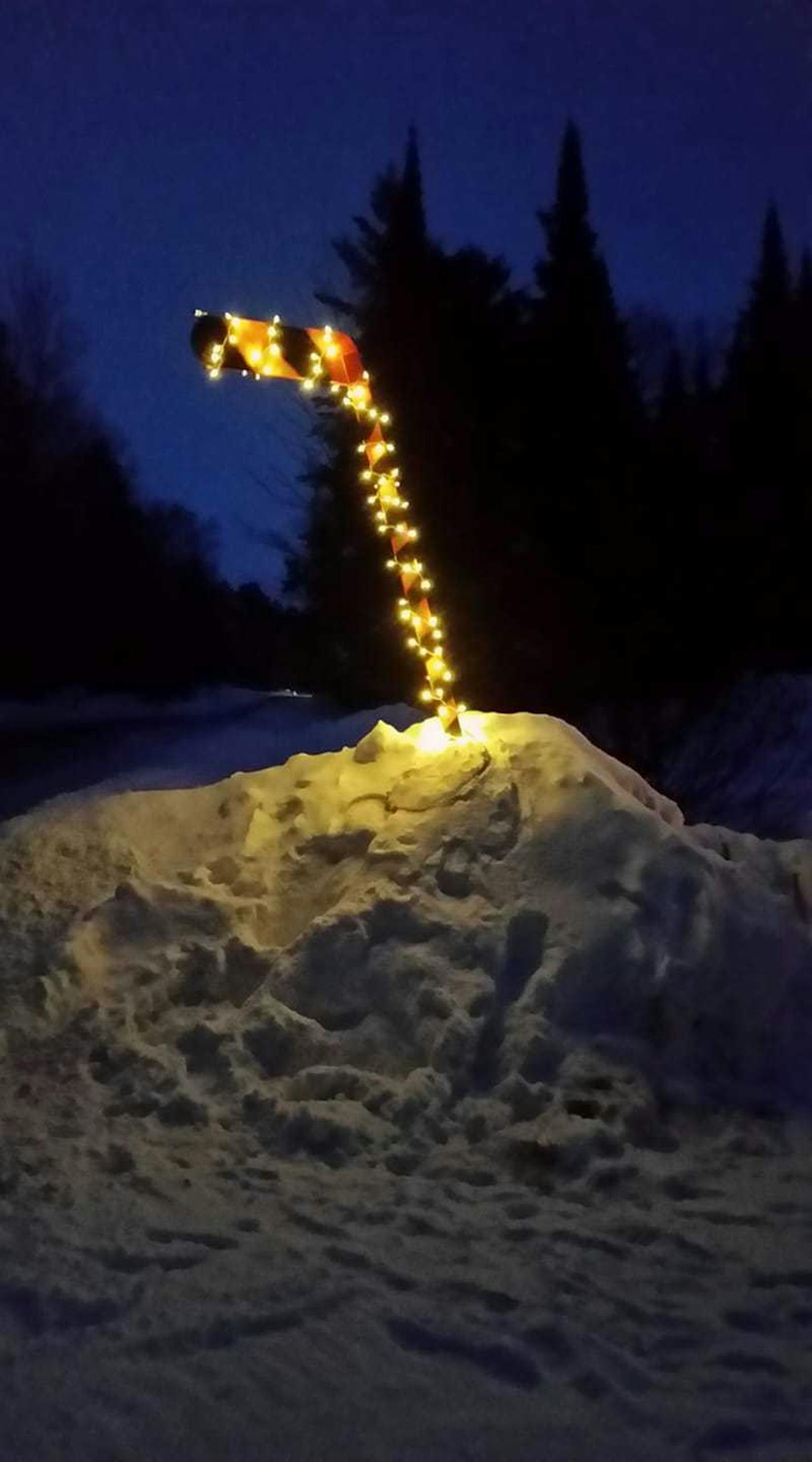 A hockey stick is decoarated with lights in honor of 9-year-old Marshall "Turbo" Bader, an avid hockey player who died in a farm accident at age 9.