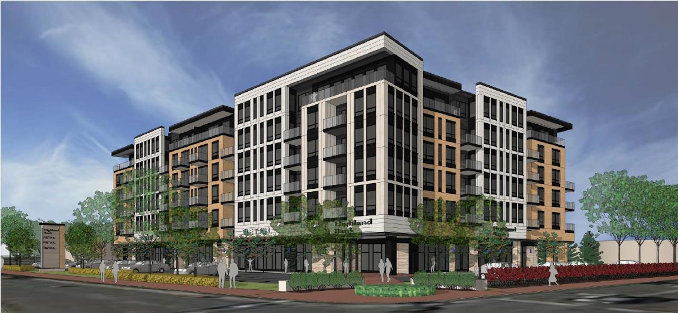 ESG Architects' rendering of the Highland Bank redevelopment project in Minnetonka that will include apartments and retail, opening in 2016.