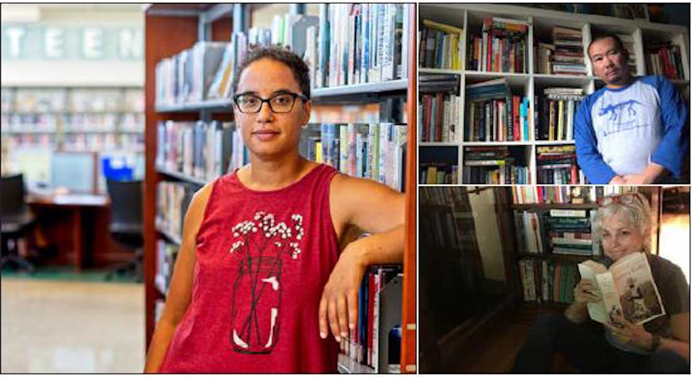 Authors Shannon Gibney, left, Bao Phi, top, and Kate DiCamillo share their home bookshelves.