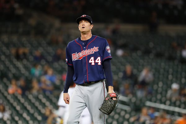 Twins pitcher Kyle Gibson walked to the dugout in the eighth inning