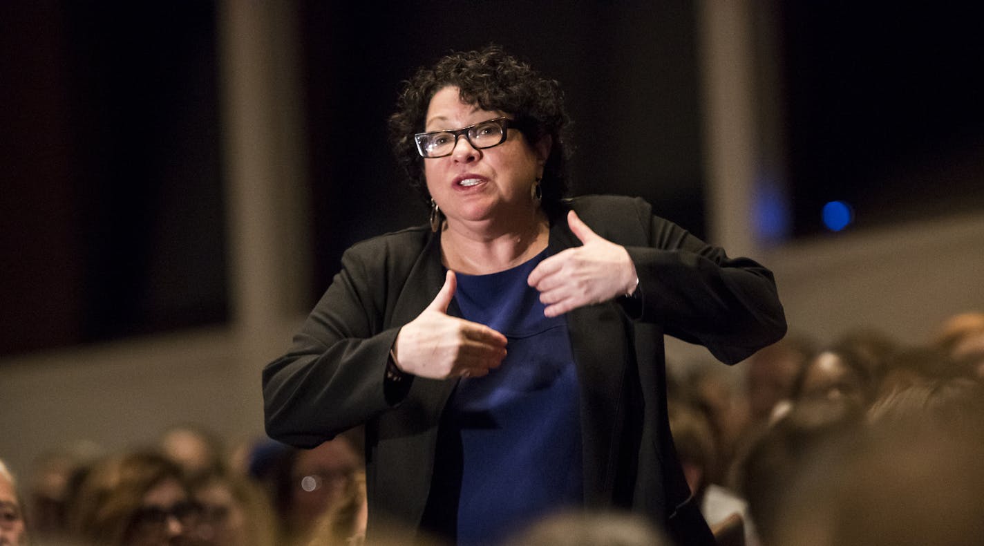 U.S. Supreme Court Associate Justice Sonia Sotomayor speaks before audience at Northrup Auditorium at the University of Minnesota on Monday, Oct. 17, 2016, in Minneapolis. Sotomayor said the high court continues to deeply feel the loss of Justice Antonin Scalia. (Renee Jones Schneider/Star Tribune via AP)