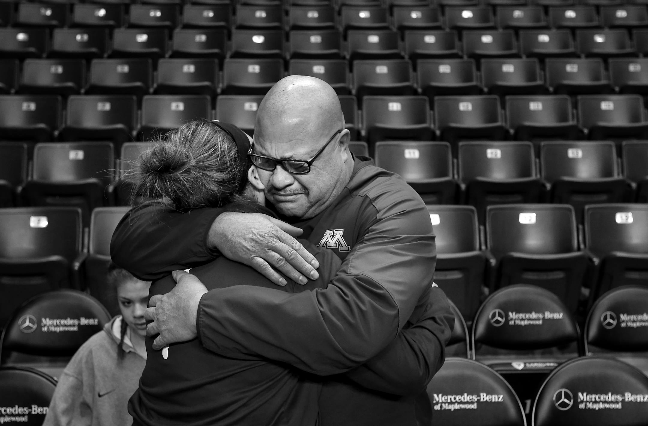 Rachel Banham got a hug from her father Don Banham after playing in her final game for the University of Minnesota. Banham finished her collegiate career as the Gophers All-Time leading scorer, B1G All-Time leading scorer, AP All-American, Top 5 Wooden Finalist, and B1G Player of the Year.