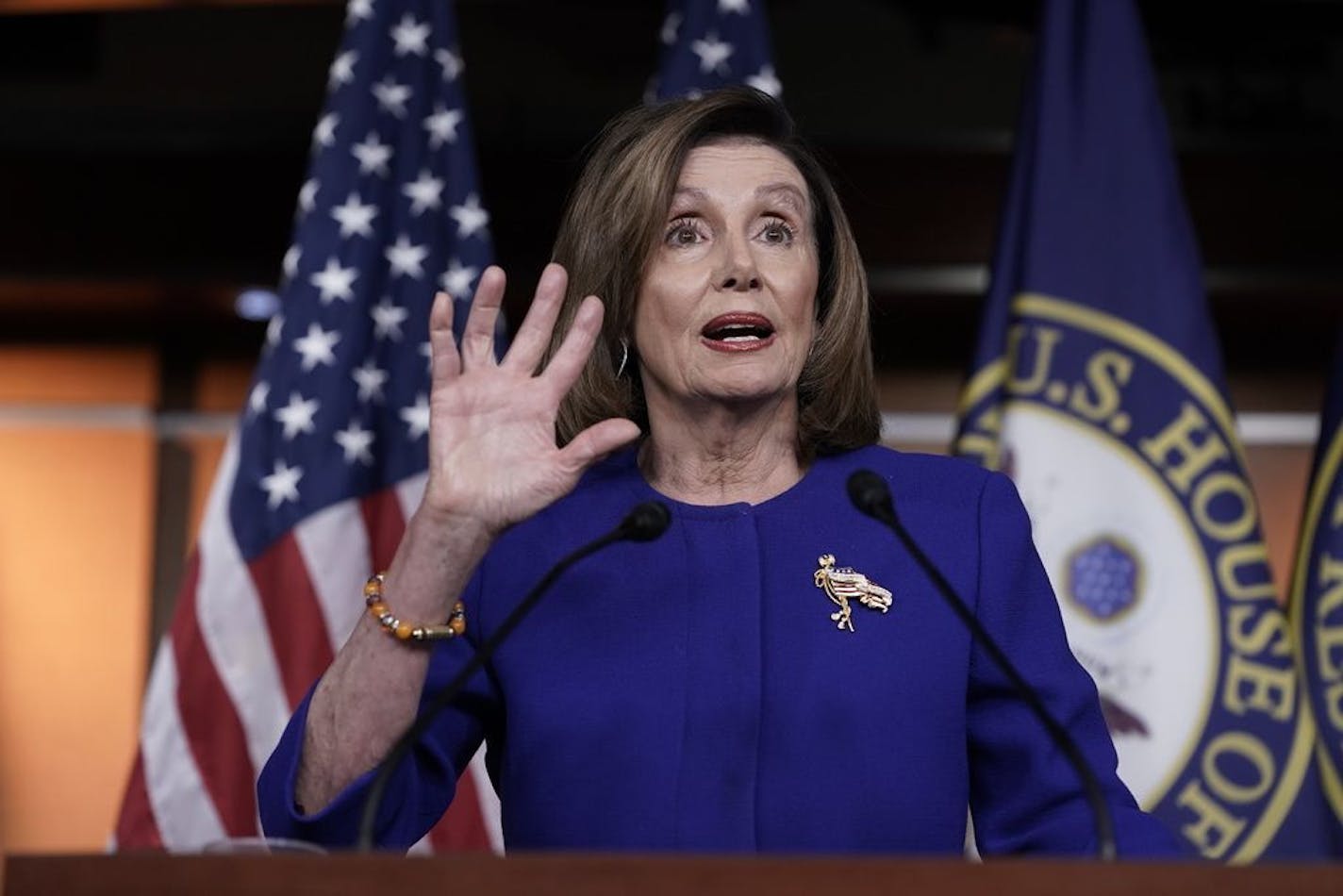 Speaker of the House Nancy Pelosi, D-Calif., meets with reporters following escalation of tensions this week between the U.S. and Iran, Thursday, Jan. 9, 2020, on Capitol Hill in Washington.