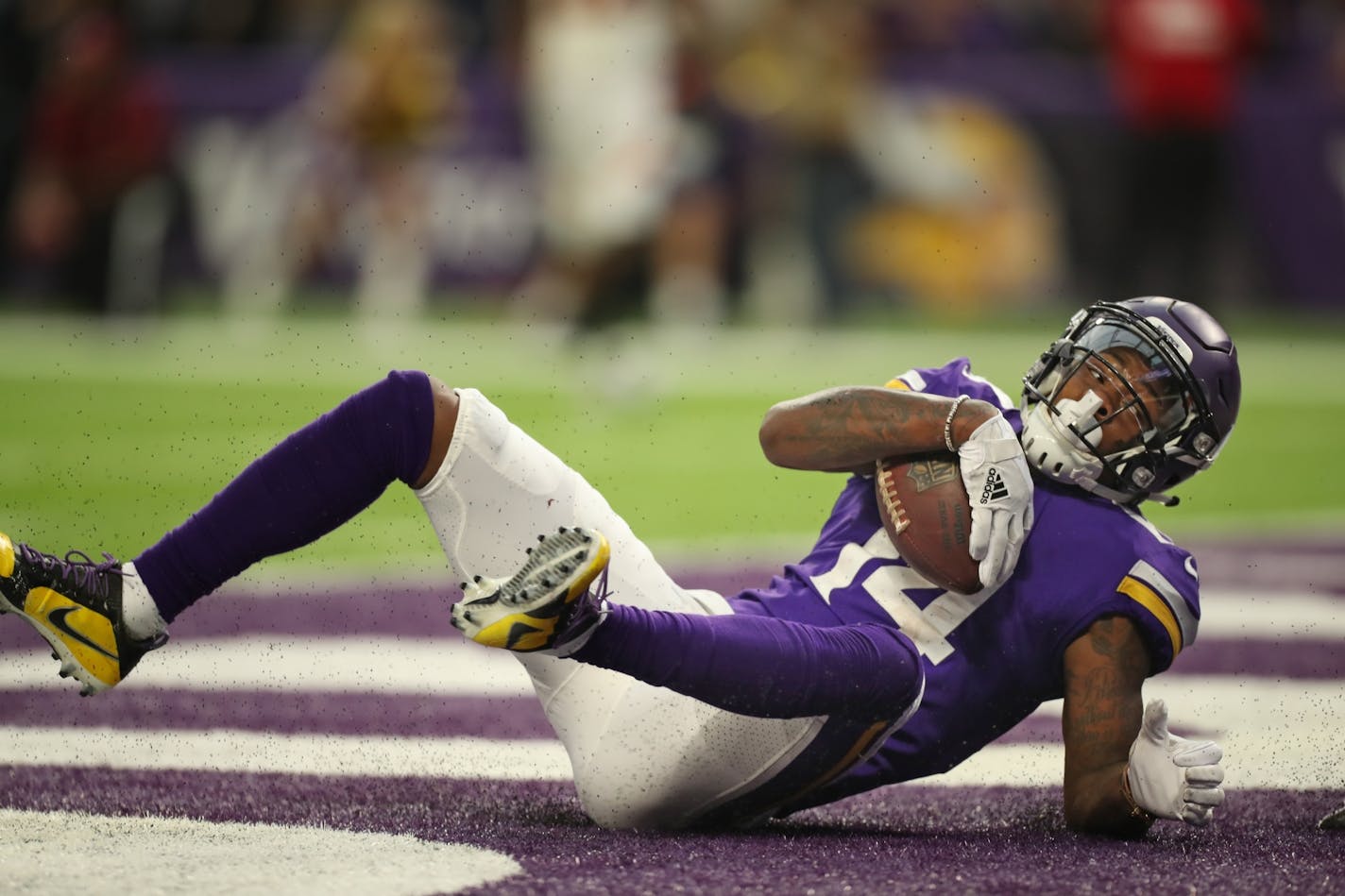 Vikings wide receiver Stefon Diggs rolled into the end zone after snaring a 20-yard touchdown pass from Case Keenum in the second quarter Sunday against the Cincinnatti Bengals. The touchdown capped an eight-play, 77-yard drive.