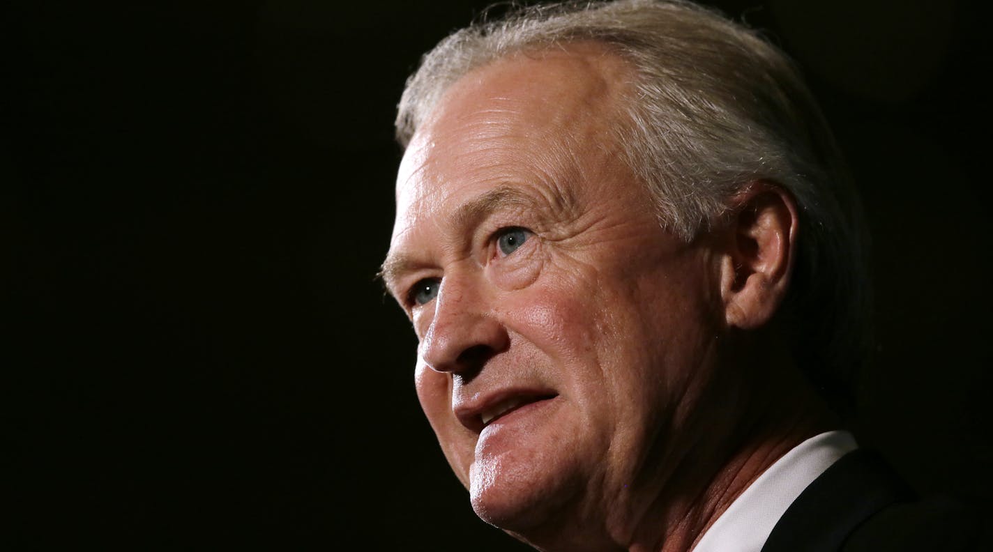 Democratic presidential candidate former Rhode Island Gov. Lincoln Chafee speaks during the Iowa Democratic Party's Hall of Fame Dinner, Friday, July 17, 2015, in Cedar Rapids, Iowa. (AP Photo/Charlie Neibergall)