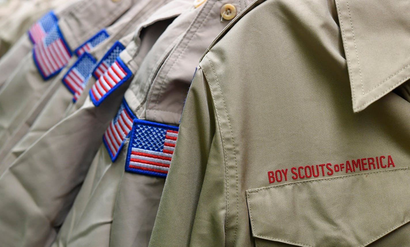 Boy Scout uniforms in the retail store at the headquarters for the French Creek Council of the Boy Scouts of America in Summit Township, Erie County, Pa. The national Boy Scouts of America organization has filed for Chapter 11 bankruptcy protection.