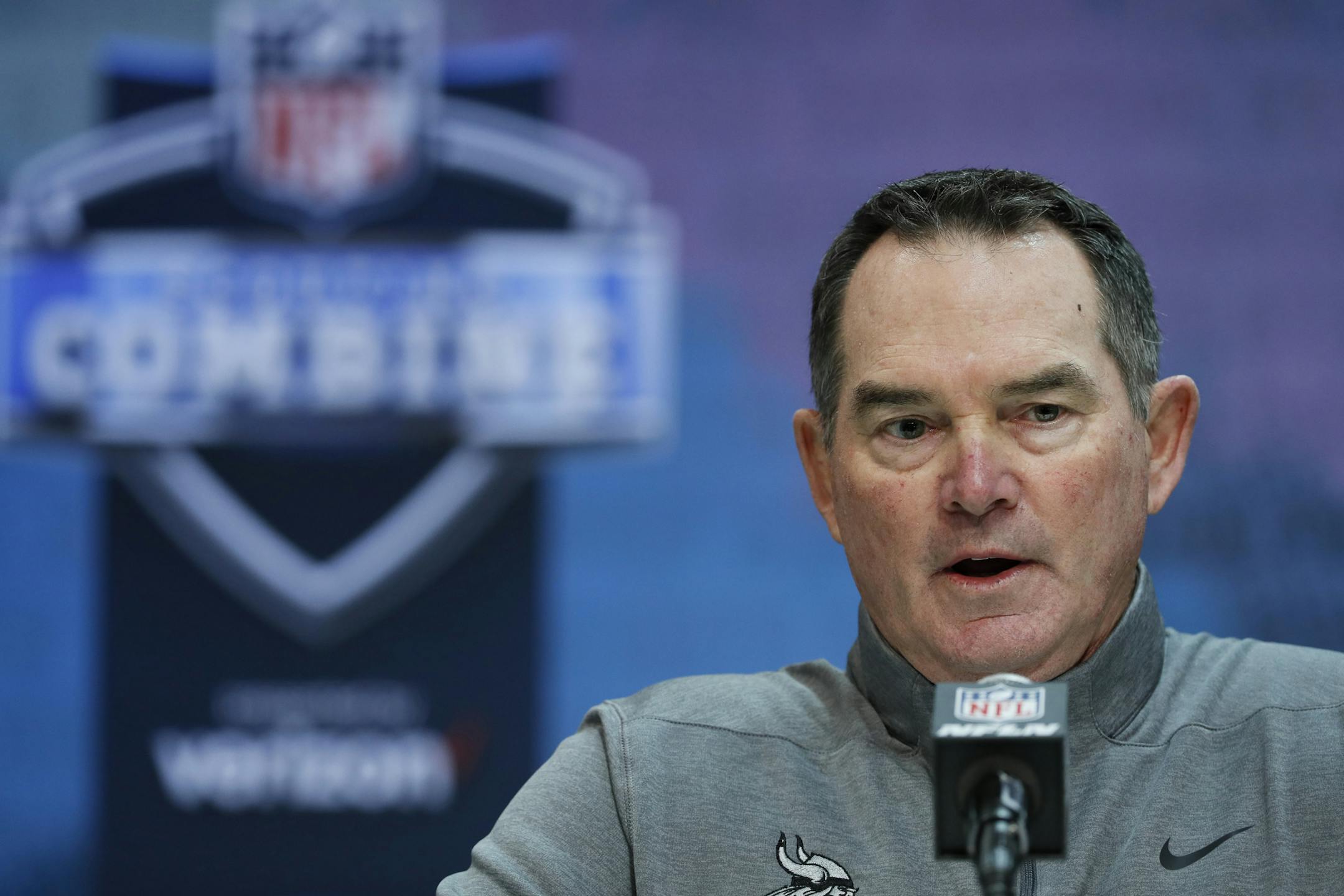 Minnesota Vikings head coach Mike Zimmer speaks during a press conference at the NFL football scouting combine in Indianapolis, Wednesday, Feb. 26, 2020. (AP Photo/Charlie Neibergall)