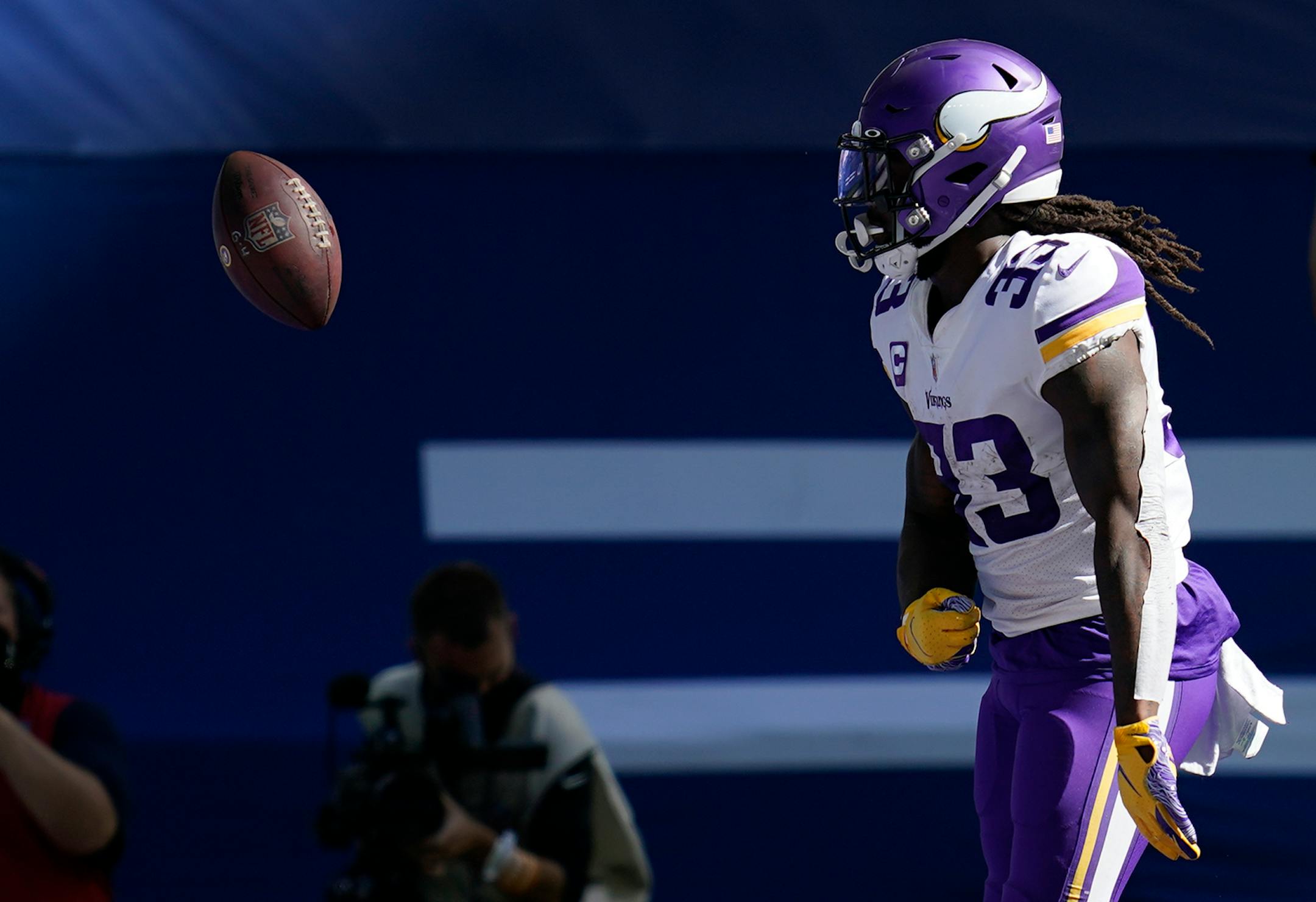 Minnesota Vikings' Dalvin Cook (33) celebrates a touchdown during the second half of an NFL football game against the Indianapolis Colts, Sunday, Sept. 20, 2020, in Indianapolis.