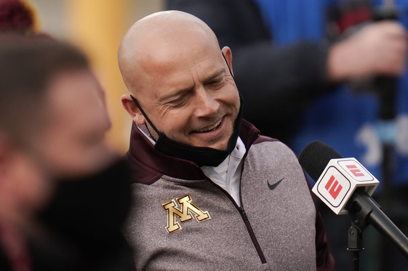 Minnesota Gophers head coach P.J. Fleck did a socially distant interview before the game. ] Mark Vancleave Ð The Minnesota Gophers played the Michigan Wolverines on Saturday, Oct. 24, 2020 at TCF Bank Stadium in Minneapolis.