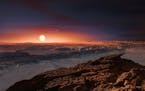 This artist's impression shows a view of the surface of the planet Proxima b orbiting the red dwarf star Proxima Centauri, the closest star to the Sol