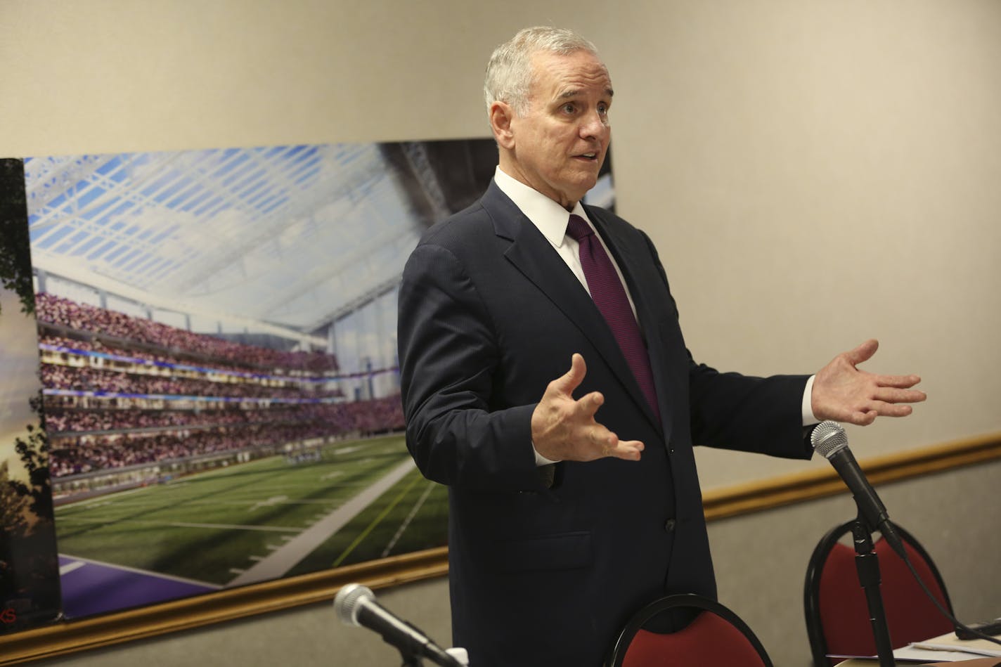 Gov. Mark Dayton spoke about the stadium during a press conference in Minneapolis.