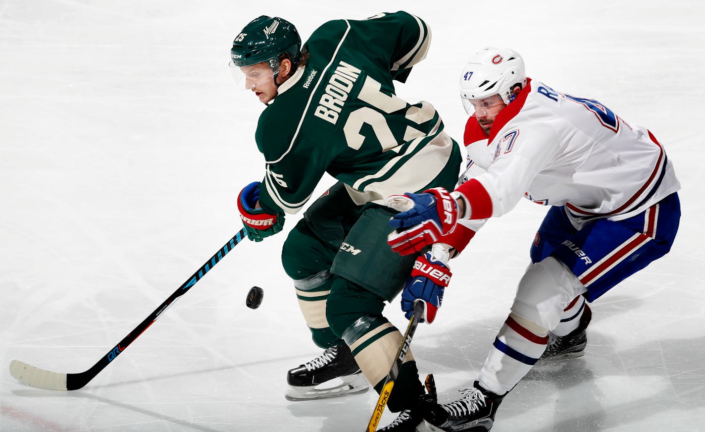 Jonas Brodin (25) and Alexander Radulov (47) fought for the puck in the second period. ] CARLOS GONZALEZ cgonzalez@startribune.com - January 12, 2017, St. Paul, MN, Xcel Energy Center, NHL, Montreal Canadiens at Minnesota Wild