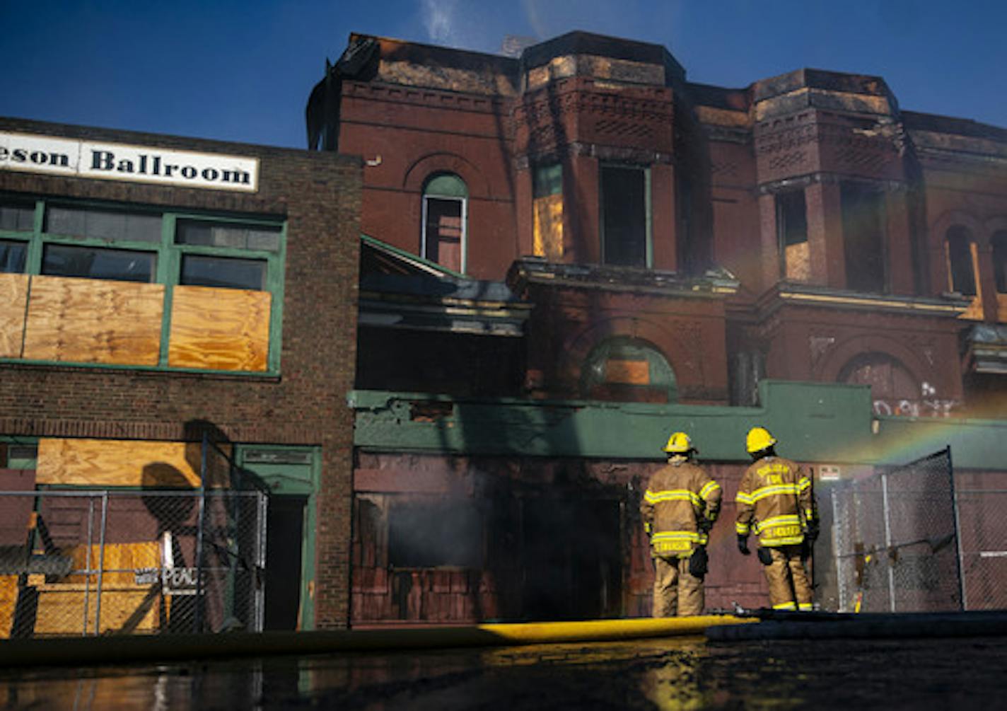 Duluth firefighters worked at putting out a fire at the former Paul Robeson Ballroom and Kozy Bar on Sunday morning. ] ALEX KORMANN • alex.kormann@startribune.com Fire on Sunday has for a second time since May struck the home of the former Paul Robeson Ballroom and Kozy Bar, a downtown Duluth building that is locked in a long-running legal stalemate over its fate.