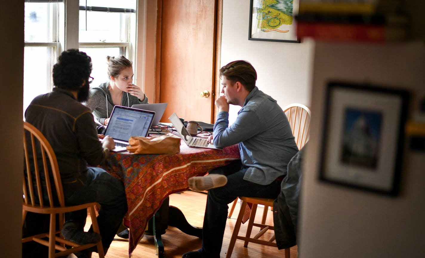 Joelle Stangler worked with Dehn's communications director Akhi Menawat, left and field director Patrick Alcorn, right, around her dining room table. ] GLEN STUBBE &#x2022; glen.stubbe@startribune.com Wednesday April 12, 2017 A 22-year-old is the hottest political operative in Minneapolis. Joelle Stangler was a driving force behind the election of Ilhan Omar, the first Somali-American legislator in America, and she just masterminded the surprisingly strong caucus showing by Ray Dehn in the Minne