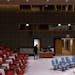 An empty Security Council chamber, prior to a Security Council meeting to discuss the situation in the North Korea, at United Nations headquarters, Fr