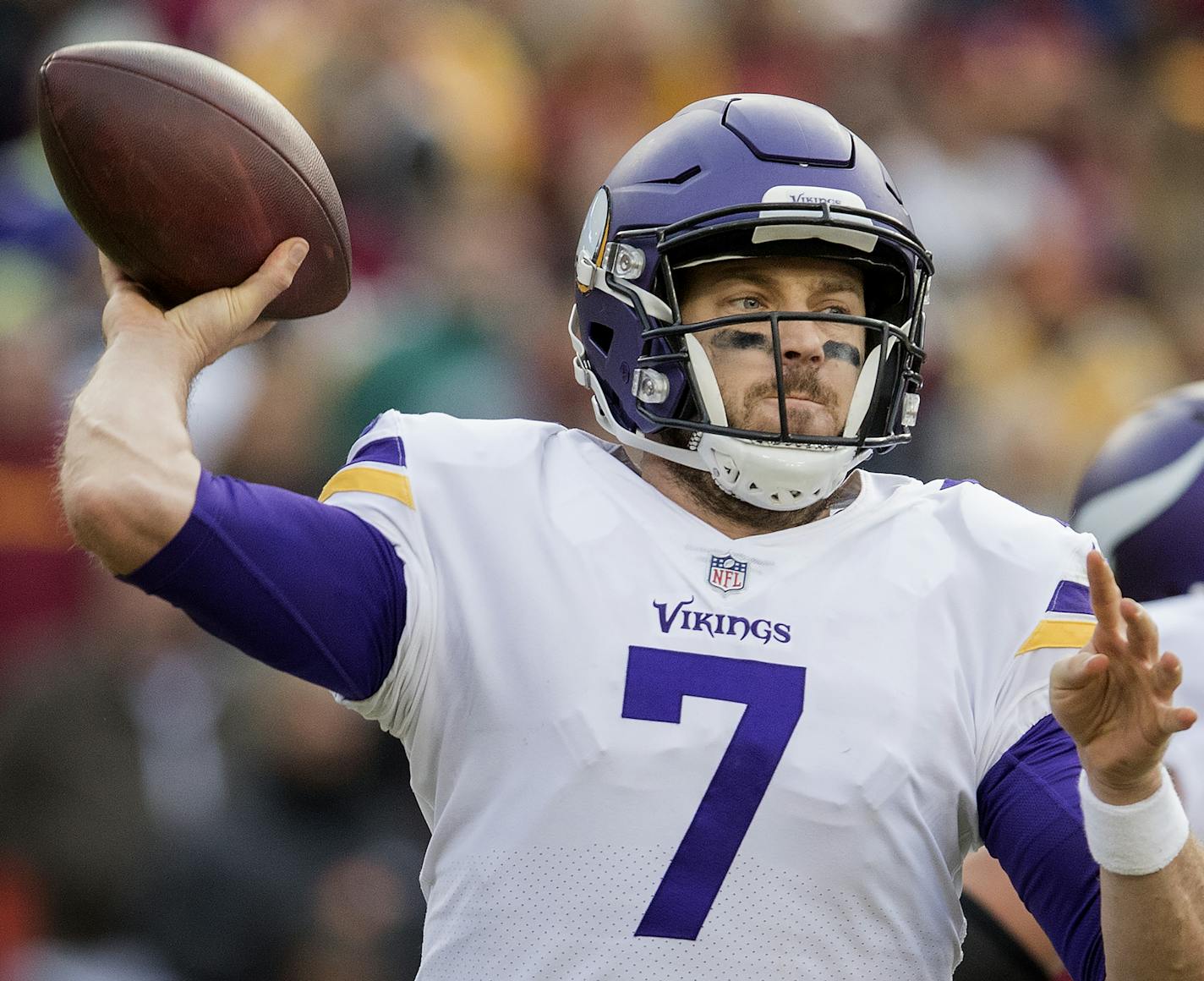 Vikings quarterback Case Keenum threw an interception D.J. Swearinger (36) in the fourth quarter. ] CARLOS GONZALEZ &#xef; cgonzalez@startribune.com - November 12, 2017, Landover, MD, FedEx Field, NFL, Minnesota Vikings vs. Washington Redskins.