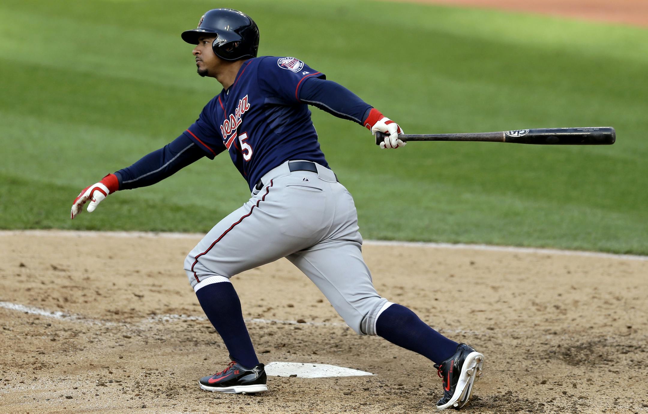 Minnesota Twins' Eduardo Escobar hits a single off Cleveland Indians relief pitcher Nick Hagadone in the seventh inning of a baseball game, Saturday, May 9, 2015, in Cleveland. (AP Photo/Tony Dejak)