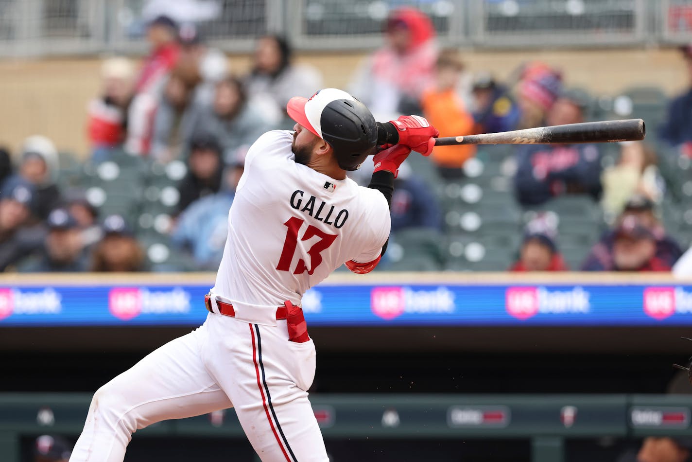 Minnesota Twins' Joey Gallo (13) at bat during the fourth inning of a baseball game against the Kansas City Royals, Friday, April 28, 2023, in Minneapolis. (AP Photo/Stacy Bengs)