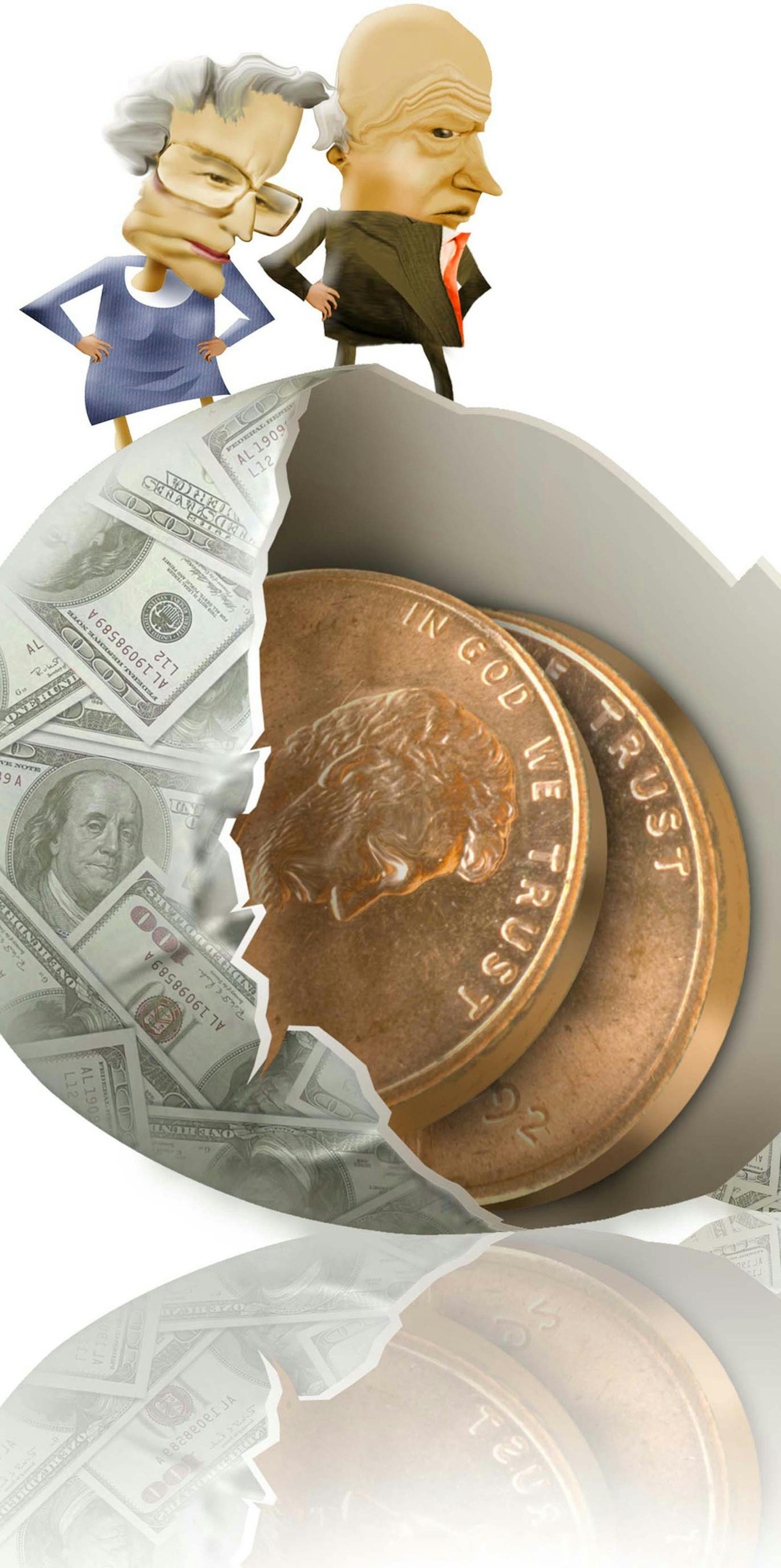 300 dpi Rick Nease color illustration of elderly couple standing on top of their broken nest egg revealing only two large pennies inside. Detroit Free Press 2008<p> boomer retirement illustration baby nest egg savings pennies penny money benjamin franklin older old age aging, investment services, krtfinancialservice financial services, krtnamer north america, krtpersonalfinance personal finance, krtusbusiness, personal investing 04000000, FIN, krtbusiness business, krtnational national, krt, mct