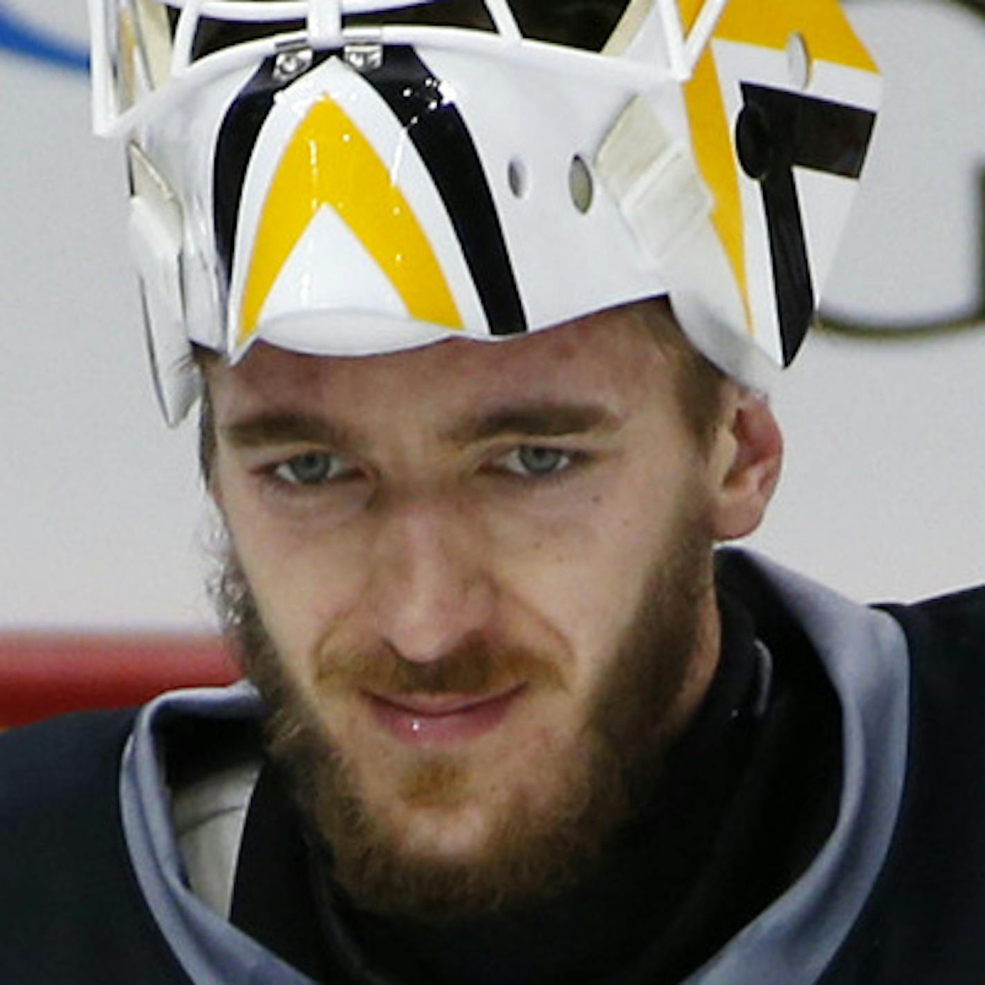 Pittsburgh Penguins goalie Matt Murray takes a break during hockey practice at the Consol Energy Center in Pittsburgh, Sunday May 29, 2016. The Penguins are preparing for Game 1 of the Stanley Cup Finals against the San Jose Sharks on Monday, May 30, in Pittsburgh. (AP Photo/Gene J. Puskar) ORG XMIT: PAGP110