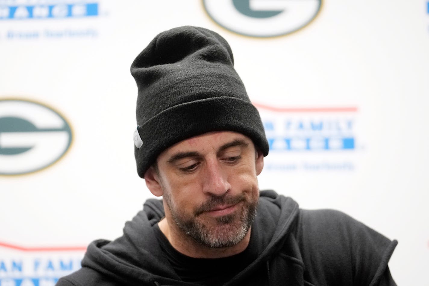 Green Bay Packers quarterback Aaron Rodgers addresses the media after Sunday's game.