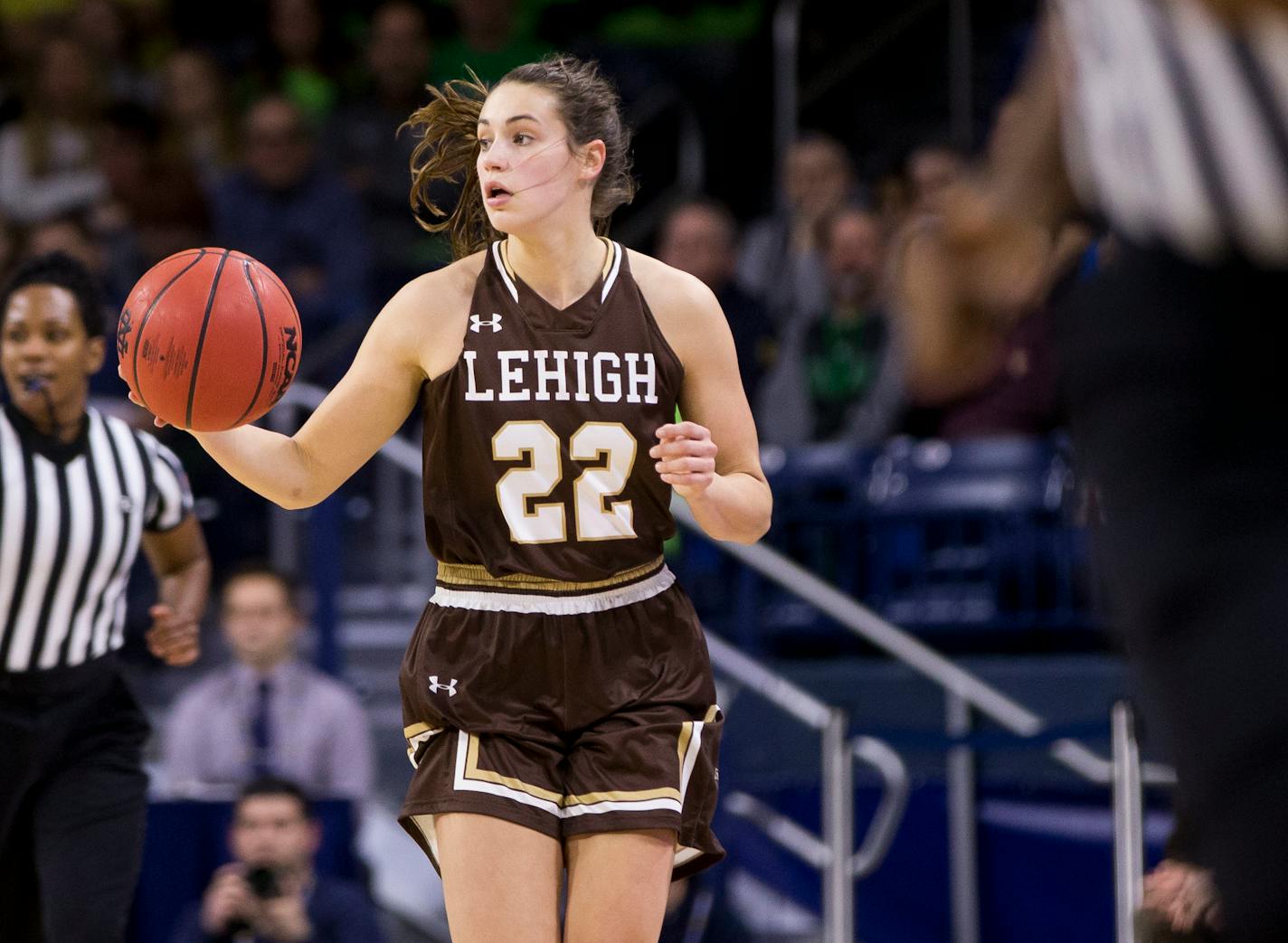 Lehigh's Hannah Hedstrom (22) moves the ball downcourt during the second half of an NCAA college basketball game against Lehigh Sunday, Dec. 30, 2018, in South Bend, Ind. Notre Dame won 95-68. (AP Photo/Robert Franklin)