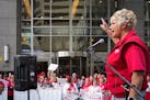 Mary Turner, president of the Minnesota Nurses Association, spoke at a rally outside U.S. Bank headquarters in Minneapolis on Nov. 2, demanding that b