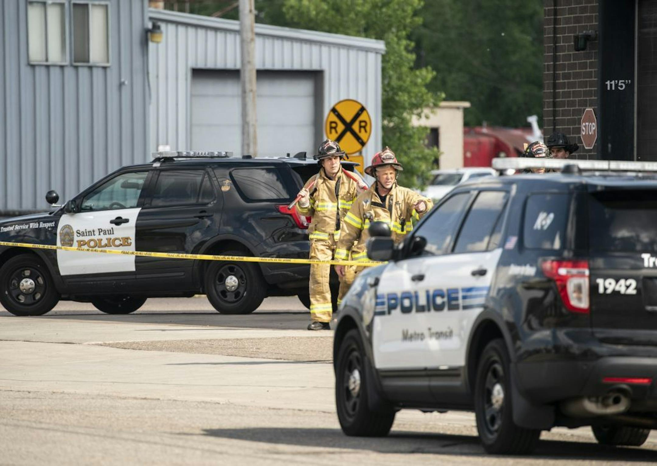 Fire fighters were at the scene of an accidental explosions at a Metro Transit building during an K-9 explosive training in St. Paul, Minn., on Wednesday, June 5, 2019.