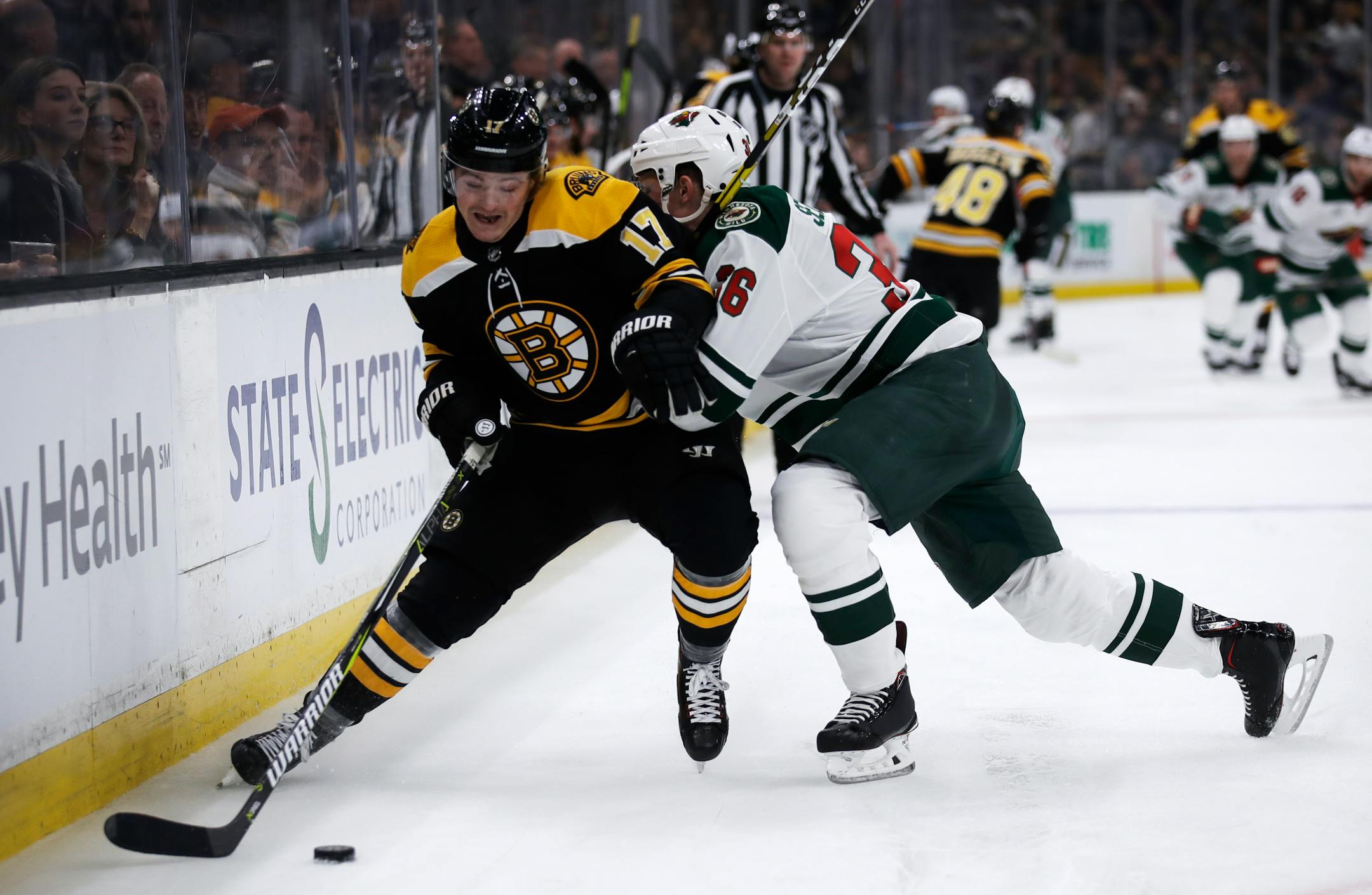 Boston's Ryan Donato tangled with Wild defenseman Nick Seeler in early January.