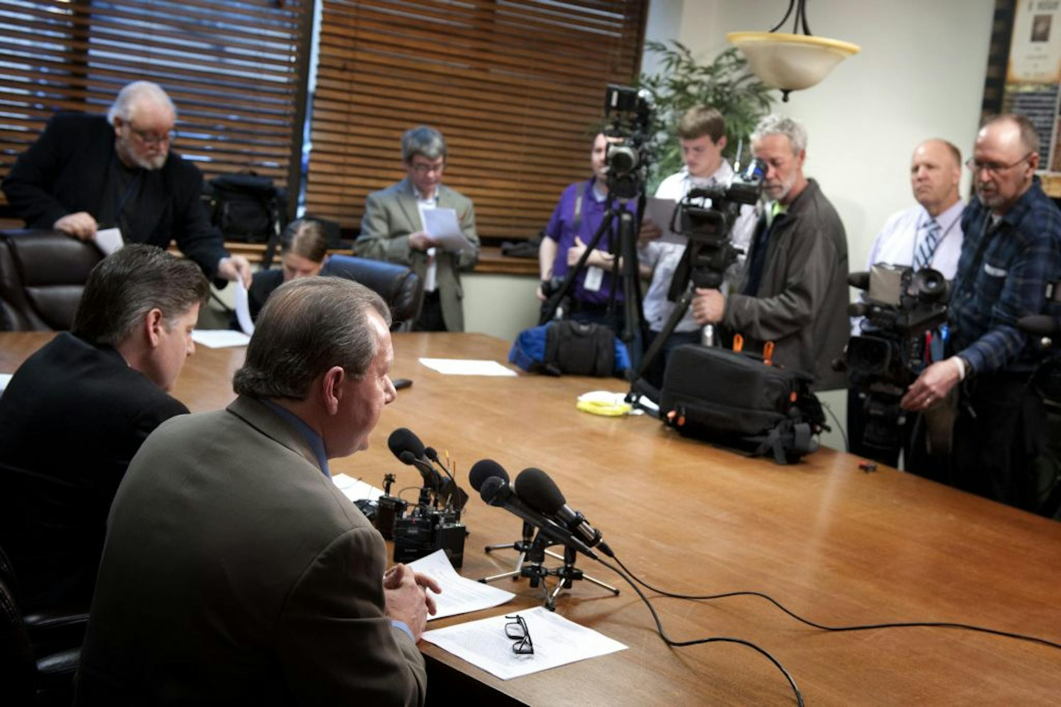 Reporters listened Thursday as attorney Phil Villaume vowed client Michael Brodkorb would "come out and fight back" after his firing.