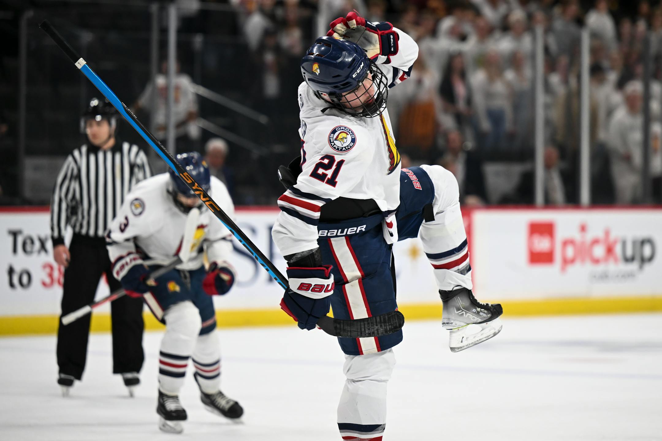 Orono forward Bradley Walker (21) celebrates his goal against Northfield during the second period.