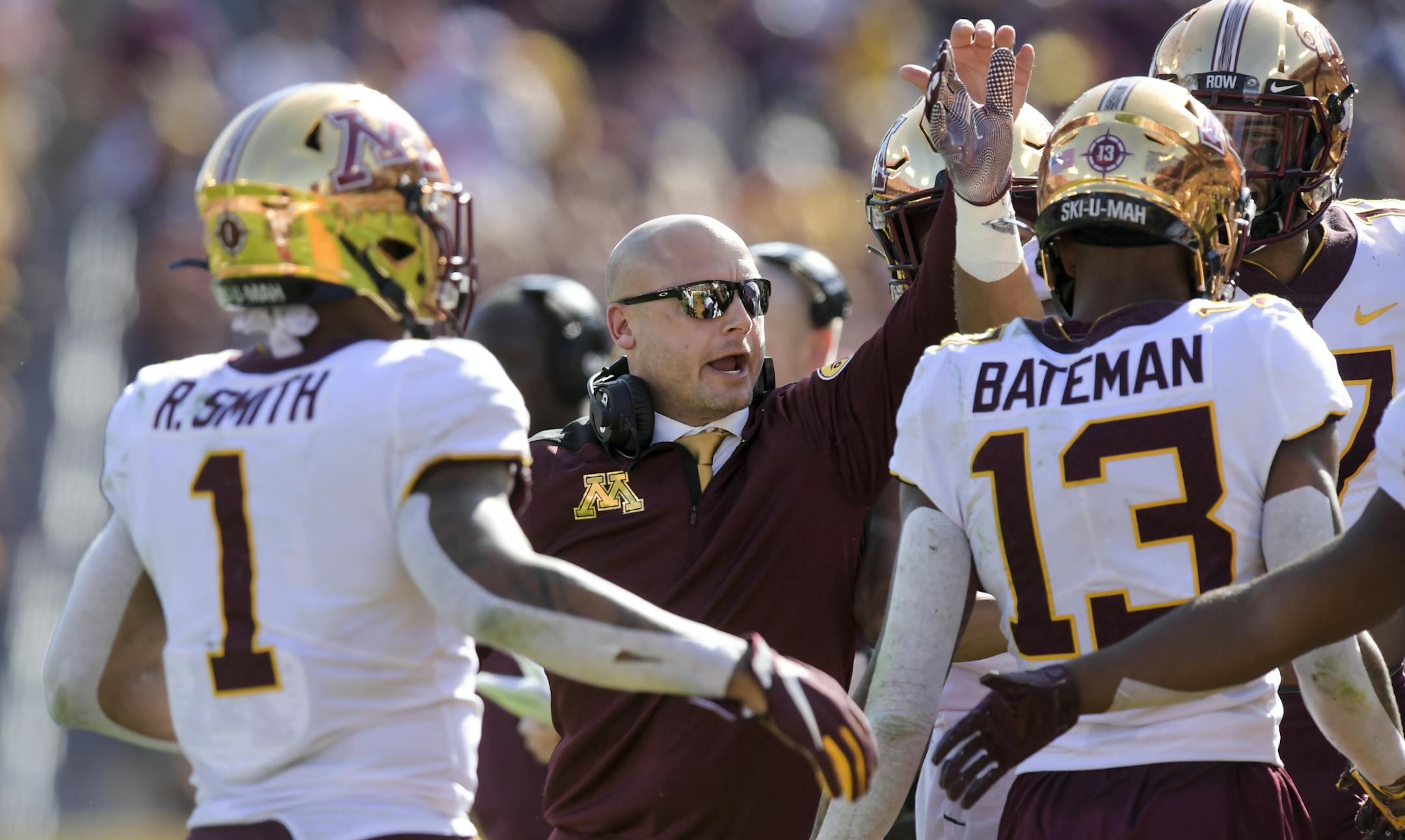 Minnesota Gophers head coach PJ Fleck celebrated with his players after a touchdown, which ended up being overturned, late in the first half. ] Aaron Lavinsky • aaron.lavinsky@startribune.com The Minnesota Gophers played the Auburn Tigers in the Outback Bowl on Wednesday, Jan. 1, 2020 at Raymond James Stadium in Tampa, Fla. ORG XMIT: MIN2001021751370289