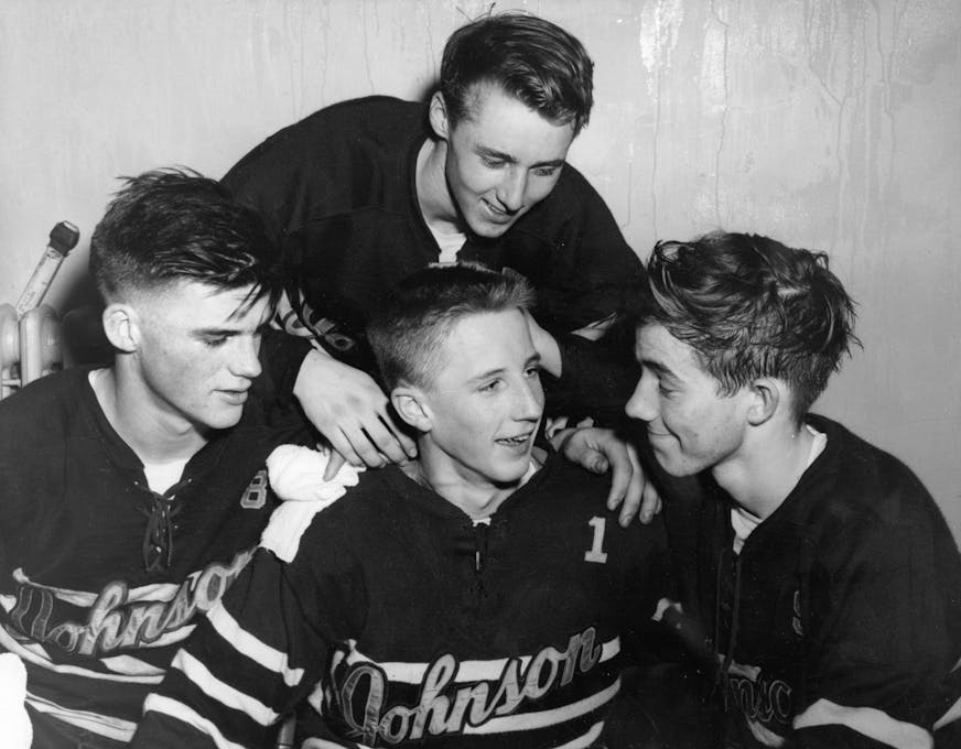 Herb Brooks (top), who went on to become a legendary coach of the 1980 U.S. hockey team and, later, the Minnesota North Stars, celebrated with St. Paul Johnson teammates in 1955.