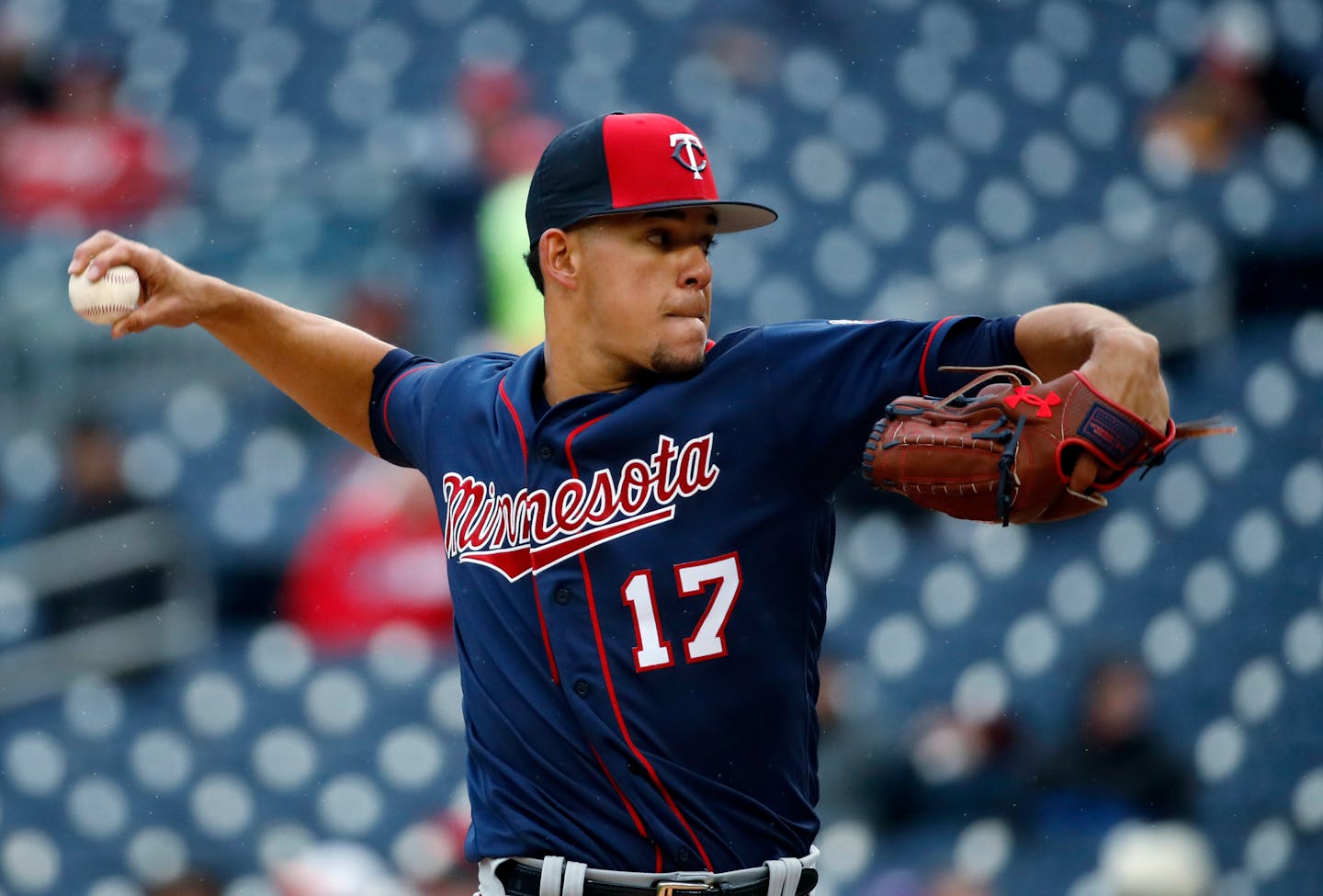 Minnesota Twins starting pitcher Jose Berrios throws during the third inning of a spring exhibition baseball game against the Washington Nationals at Nationals Park, Tuesday, March 27, 2018, in Washington. (AP Photo/Alex Brandon)