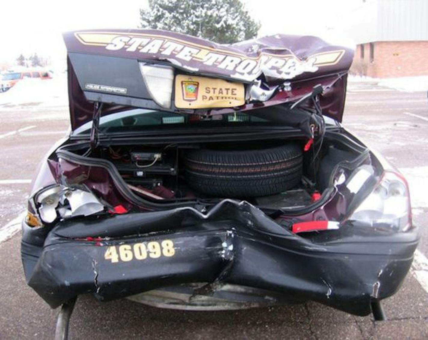 The damage to Tim Peterson's patrol car when it was struck along I-694.