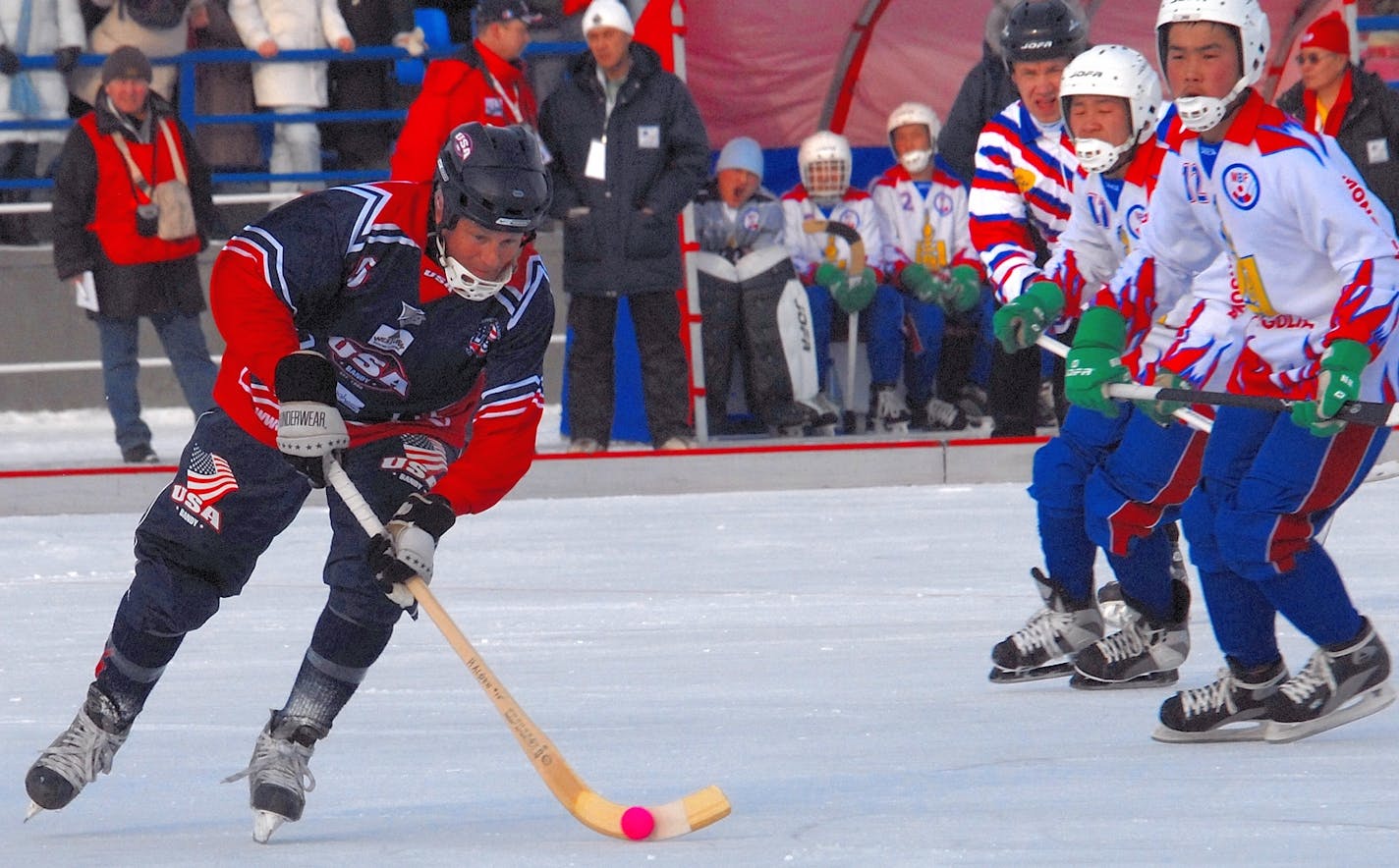 Chris Halden, in action vs. Team Mongolia in 2007 in Kemerovo, Russia, was a former Gustavus hockey player.