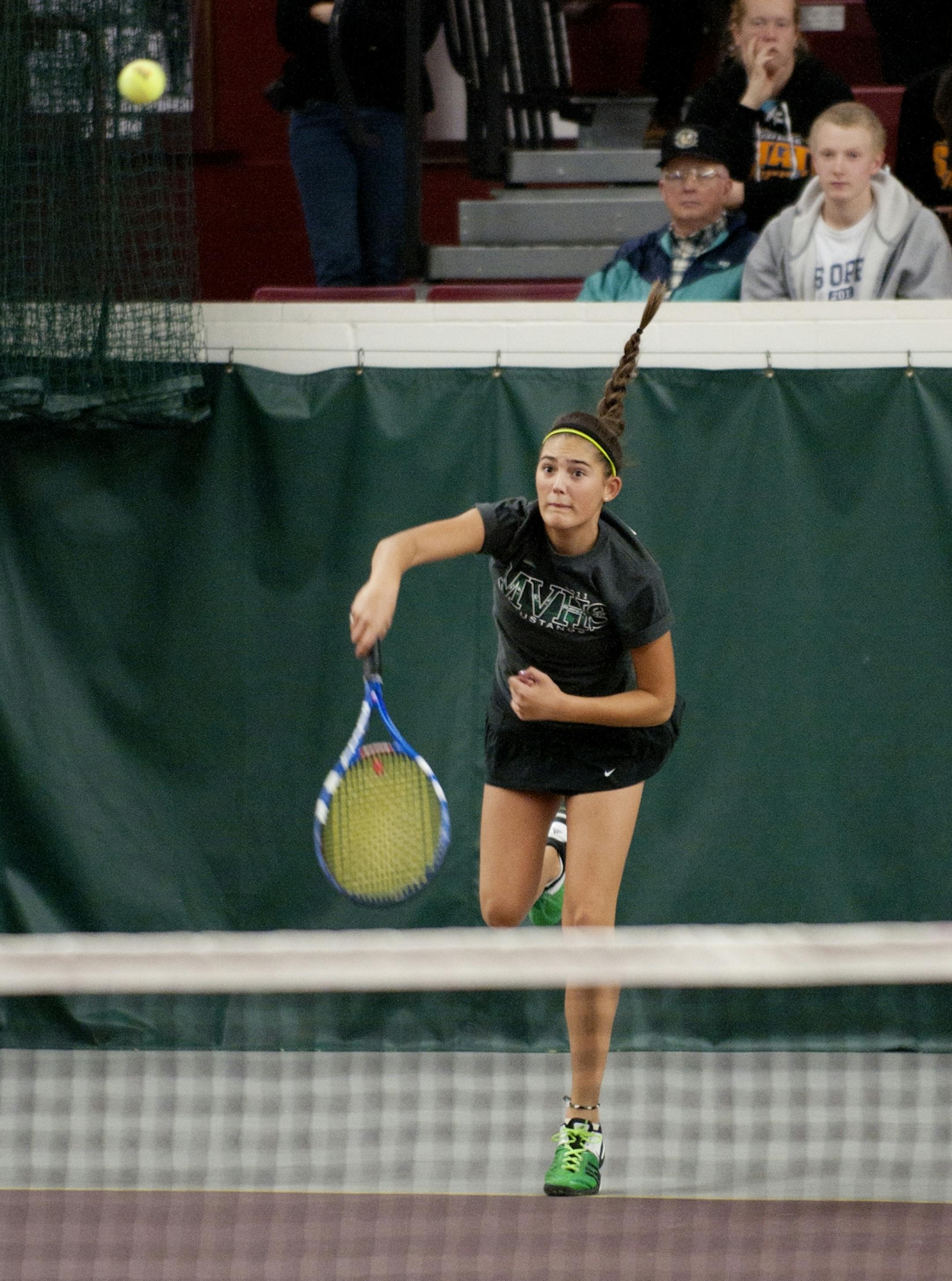 Mounds View sophomore, Summer Brills serves during warm-ups before the Class 2A Doubles Championship match against Rochester Mayo at the University of Minnesota's Baseline Tennis Center on Friday, Oct. 28.