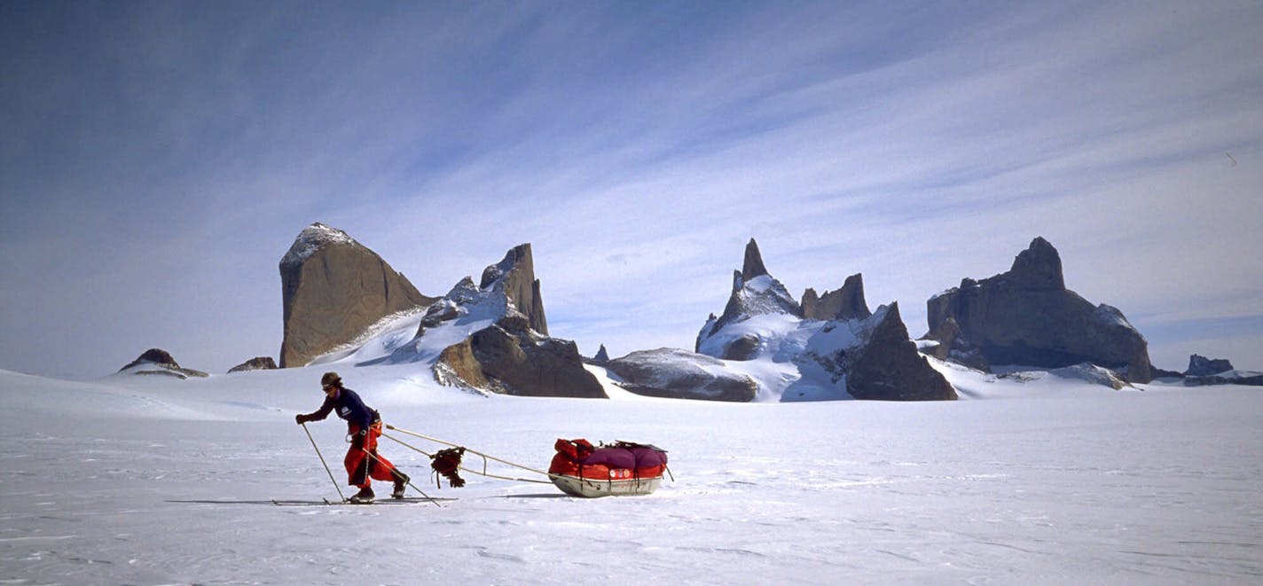 Bancroft teamed with Norwegian explorer Liv Arnesen in 2001 to become the first women to ski across Antarctica. Above, Bancroft pulled her 250-pound sled.