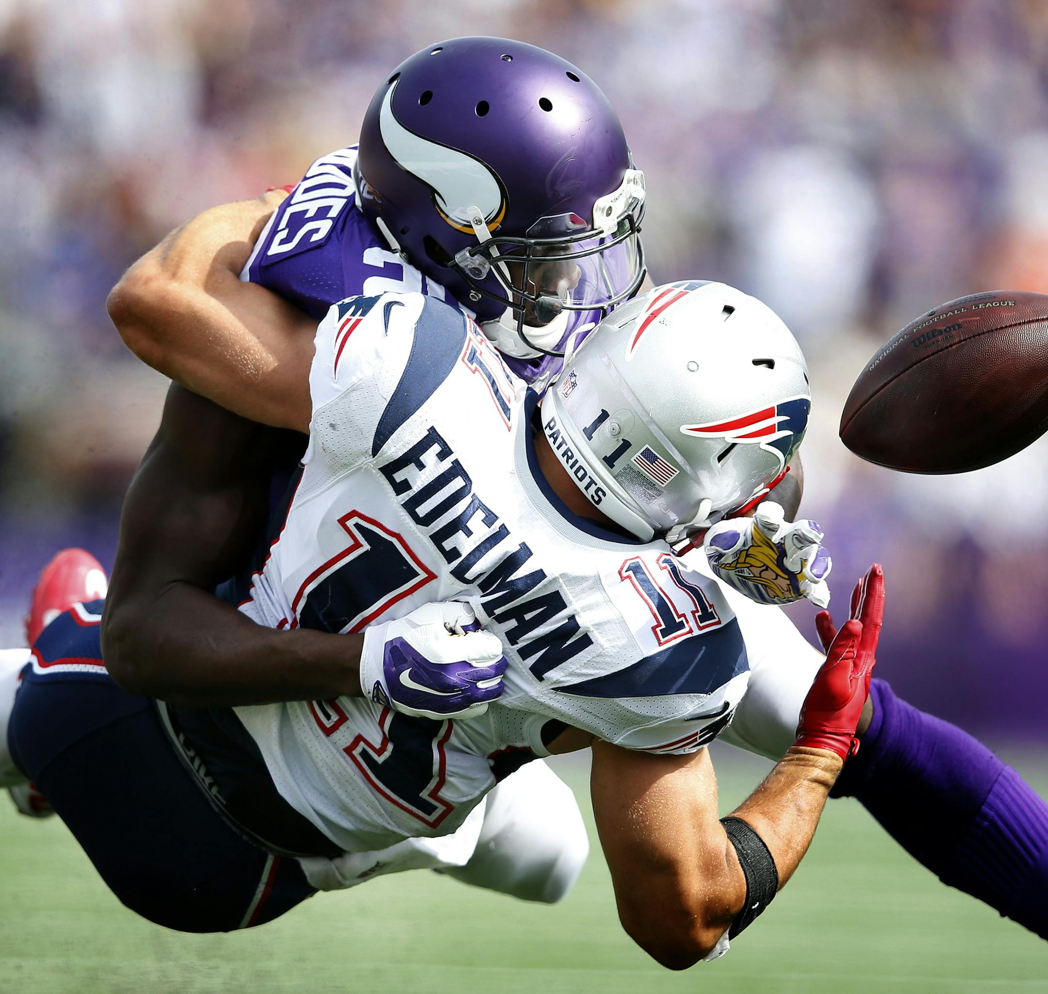 Xavier Rhodes is sticking tight with receivers, but he got a little too tight with New England’s Julian Edelman and drew a pass interference penalty last year.