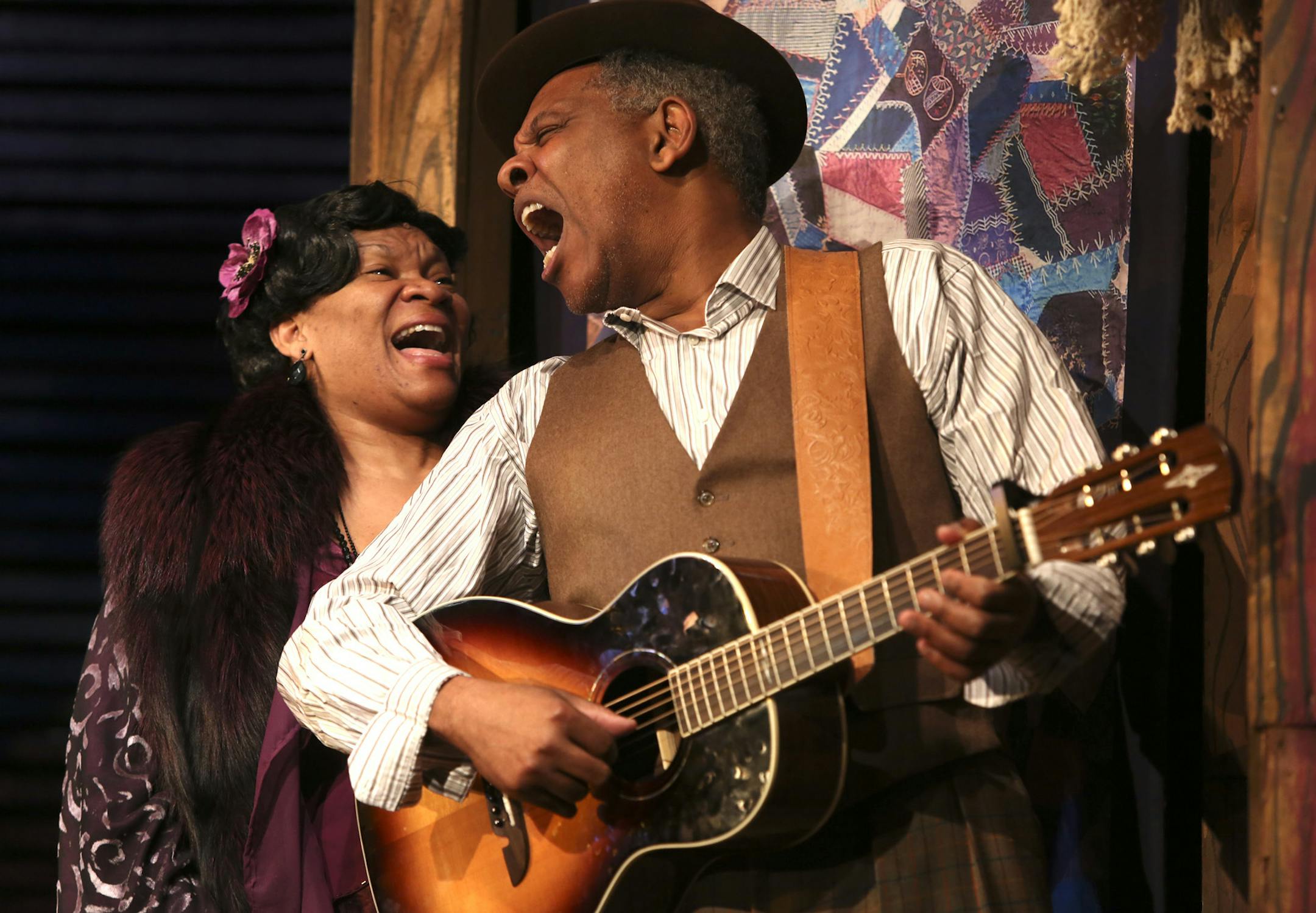 Jevetta Steele who plays Blues Speak Woman, and Dennis W. Spears, who plays Guitar Man, sang together during rehearsal of "Spunk" at the Pemubra Theater in St. Paul , Min., Wednesday, March 6, 2013. ] (KYNDELL HARKNESS/STAR TRIBUNE) kyndell.harkness@startribune.com