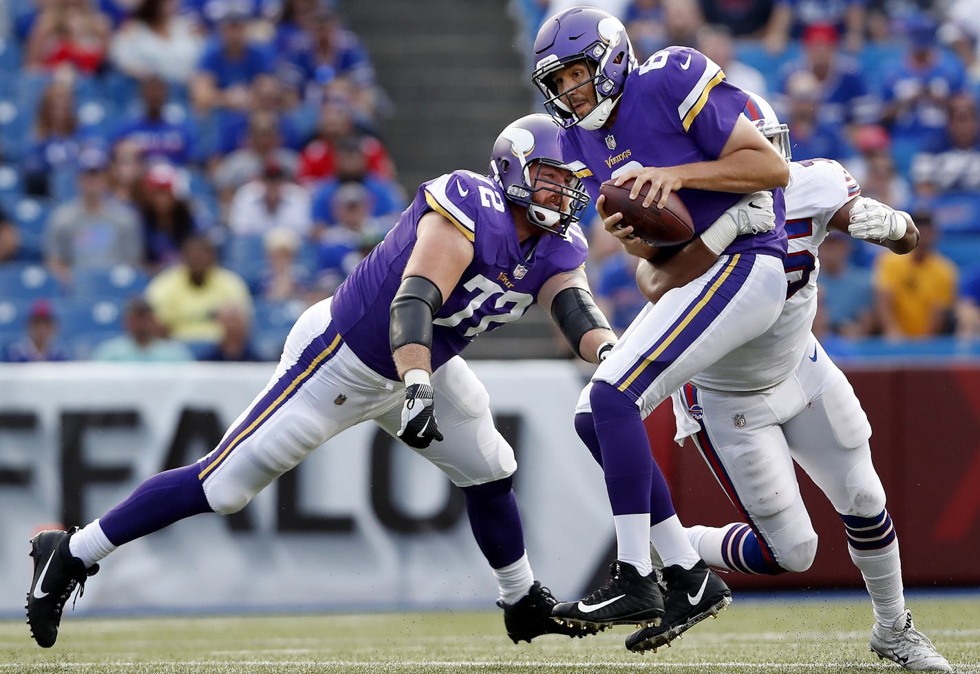 Vikings quarterback Sam Bradford was sacked by Eddie Yarbrough (75) in the first quarter. ] CARLOS GONZALEZ &#xef; cgonzalez@startribune.com - August 10, 2017, Orchard Park, NY, New Era Field, NFL, Minnesota Vikings vs. Buffalo Bills