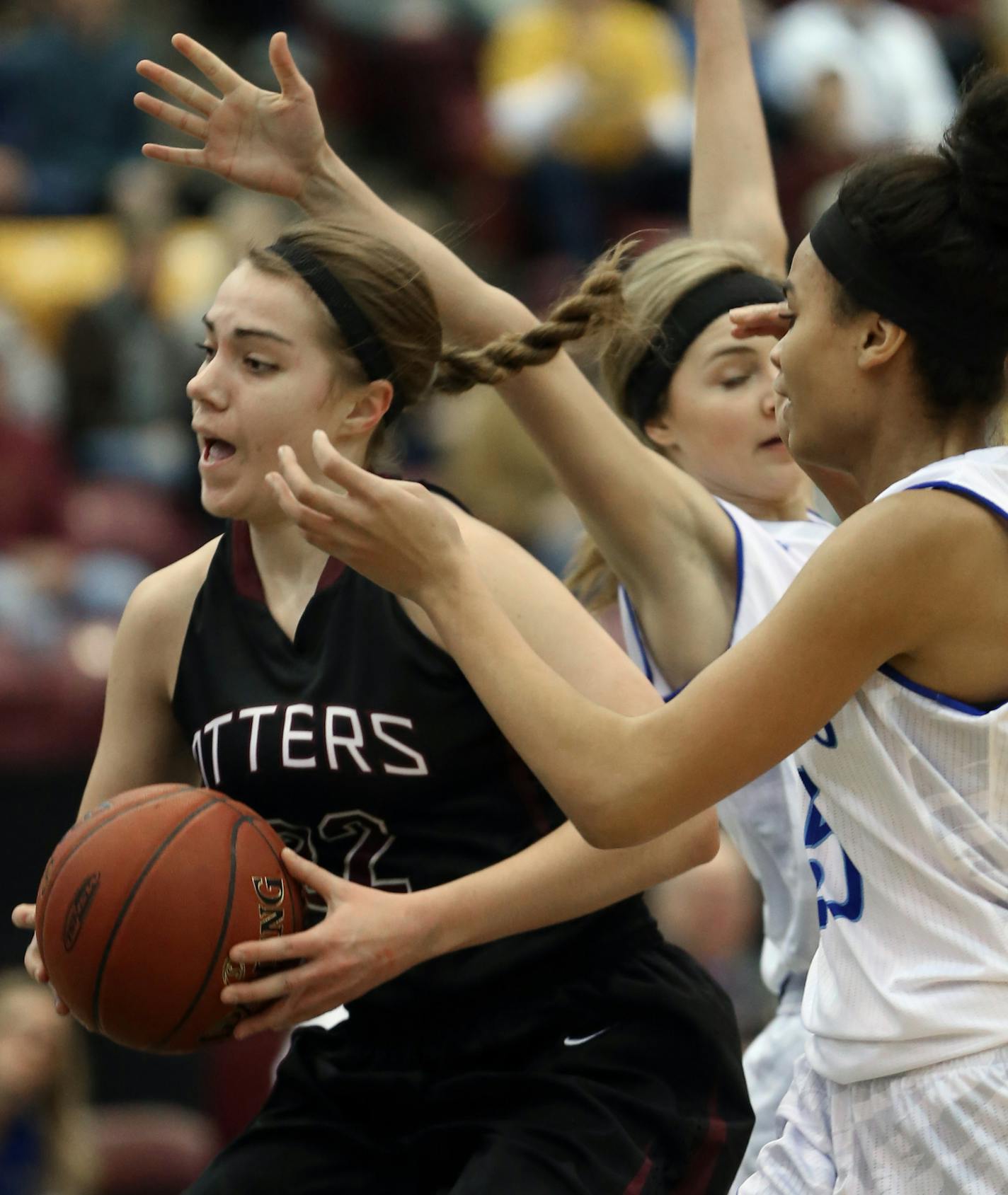 (left to right) Fergus Falls Bailey Strand drove on the Kasson-Mantorville defense.] Girls Basketball Tournament, 3/19/14, Mariucci Arena, Class 3A Fergus Falls vs. Kasson-Mantorville Bruce Bisping/Star Tribune bbisping@startribune.com Baily Strand/roster.