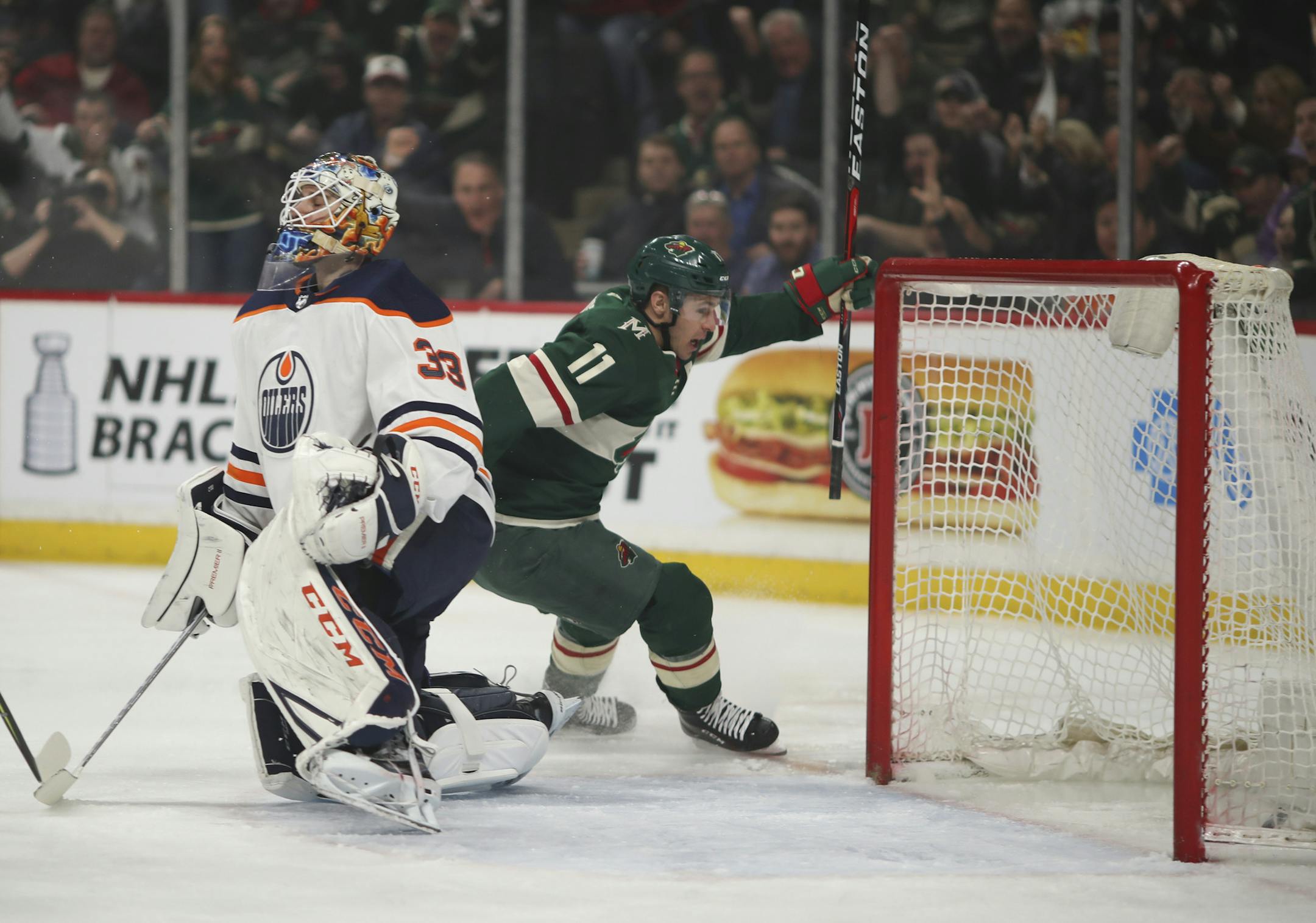Minnesota Wild left wing Zach Parise (11) celebrated his first period goal on Edmonton Oilers goaltender Cam Talbot (33) on a breakaway. ] JEFF WHEELER &#x2022; jeff.wheeler@startribune.com The Minnesota Wild faced the Edmonton Oilers in an NHL hockey game Monday night, April 2, 2018 at Xcel Energy Center in St. Paul.
